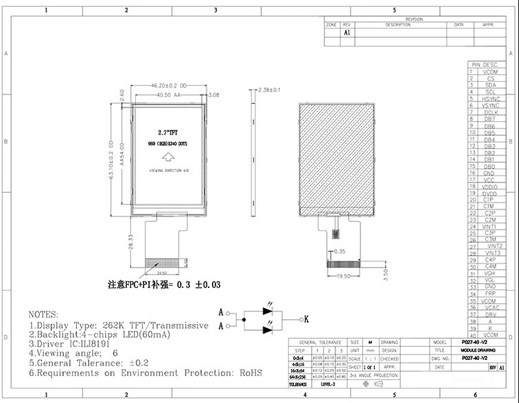 960x240 Pixels 2.7 Inch Lcd Display Colors 262K Small TFT Display