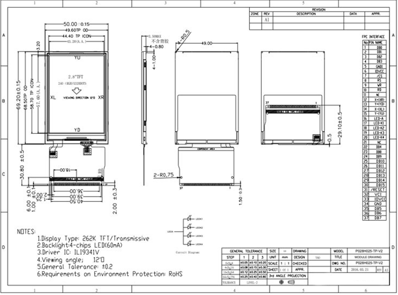 2.8 Inch Full Viewing Angle TFT LCD Touch Screen Sunlight Readable IPS Panel