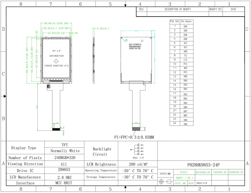 2.8 Inch 240*320 Resolution 50pin Tft Lcd Screen Display Module 2.8