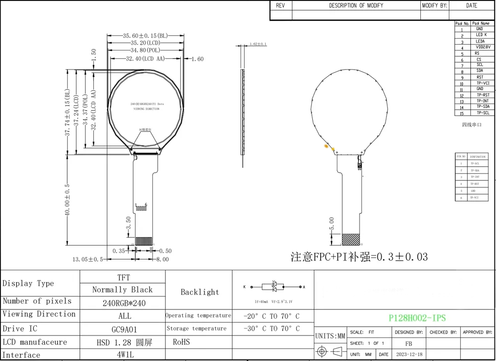 1.28 Inch IPS Circular LCD Display 240xRGBx240 Resolution Customized TFT LCD Module for Smart Watches