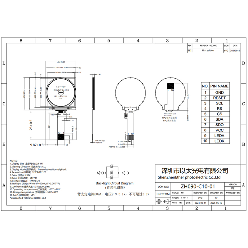 0.9" 10P Plug-in Round Screen
