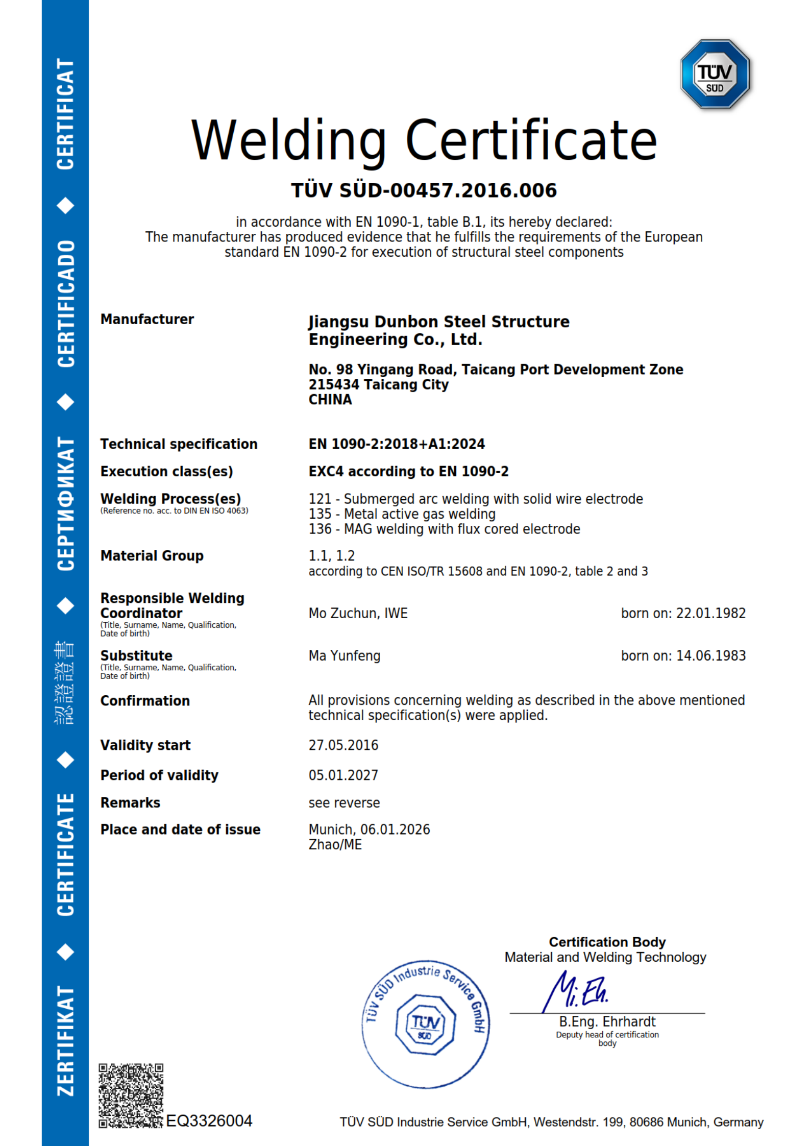 Welding Certificate – EN 1090-2 EXC4 Compliance