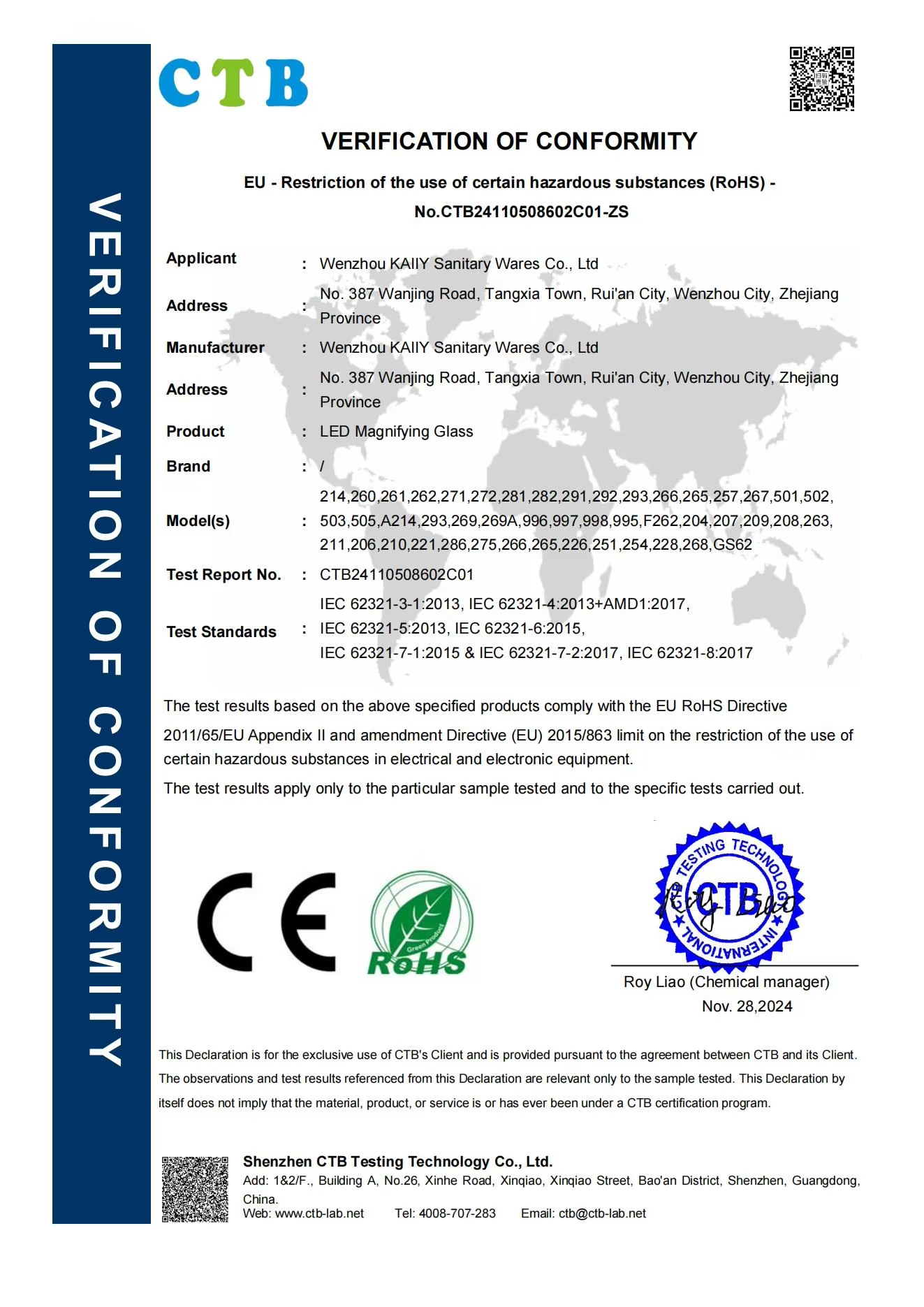 CE/ROHS Authorization Certificate