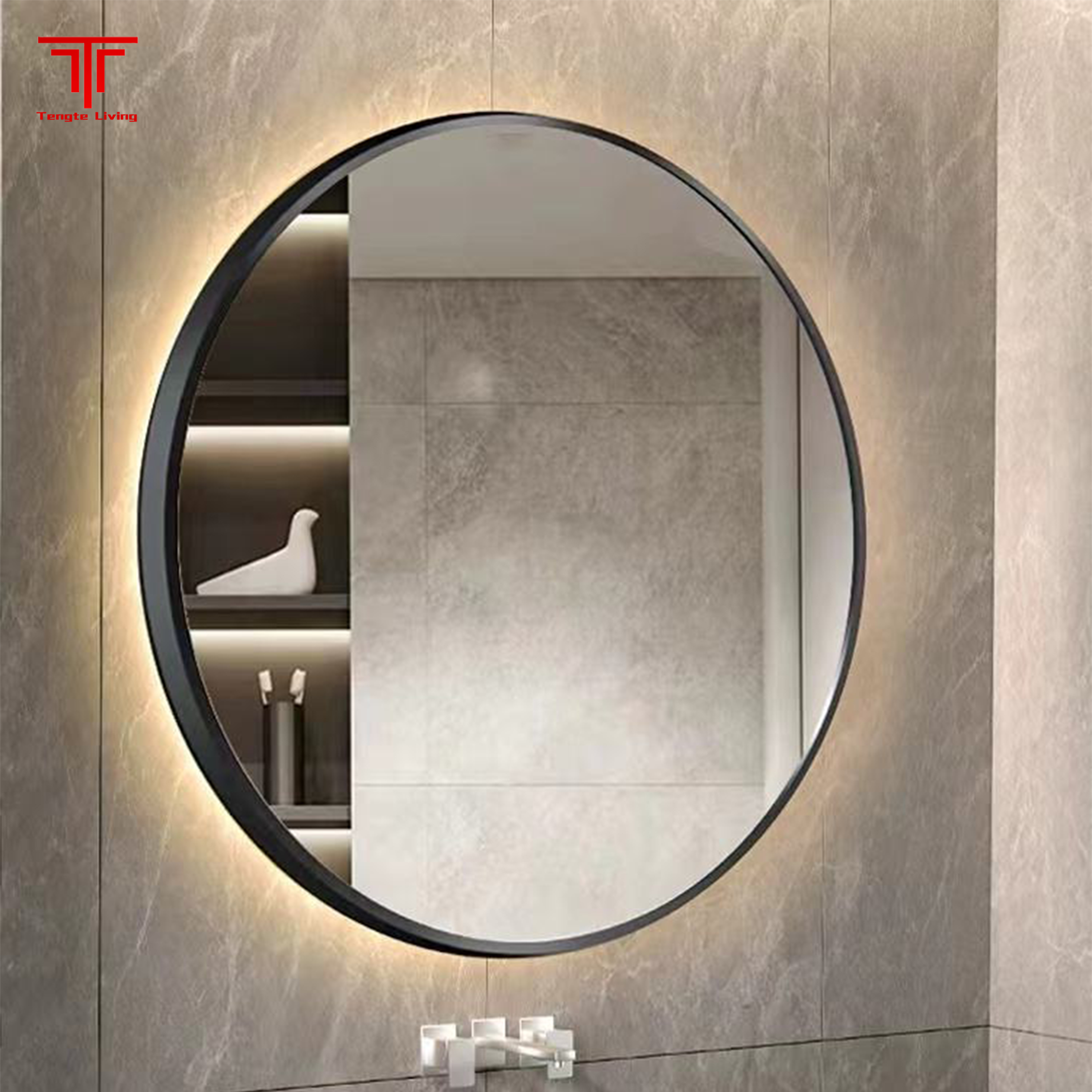 Over Black Round Lighted Bathroom Mirror