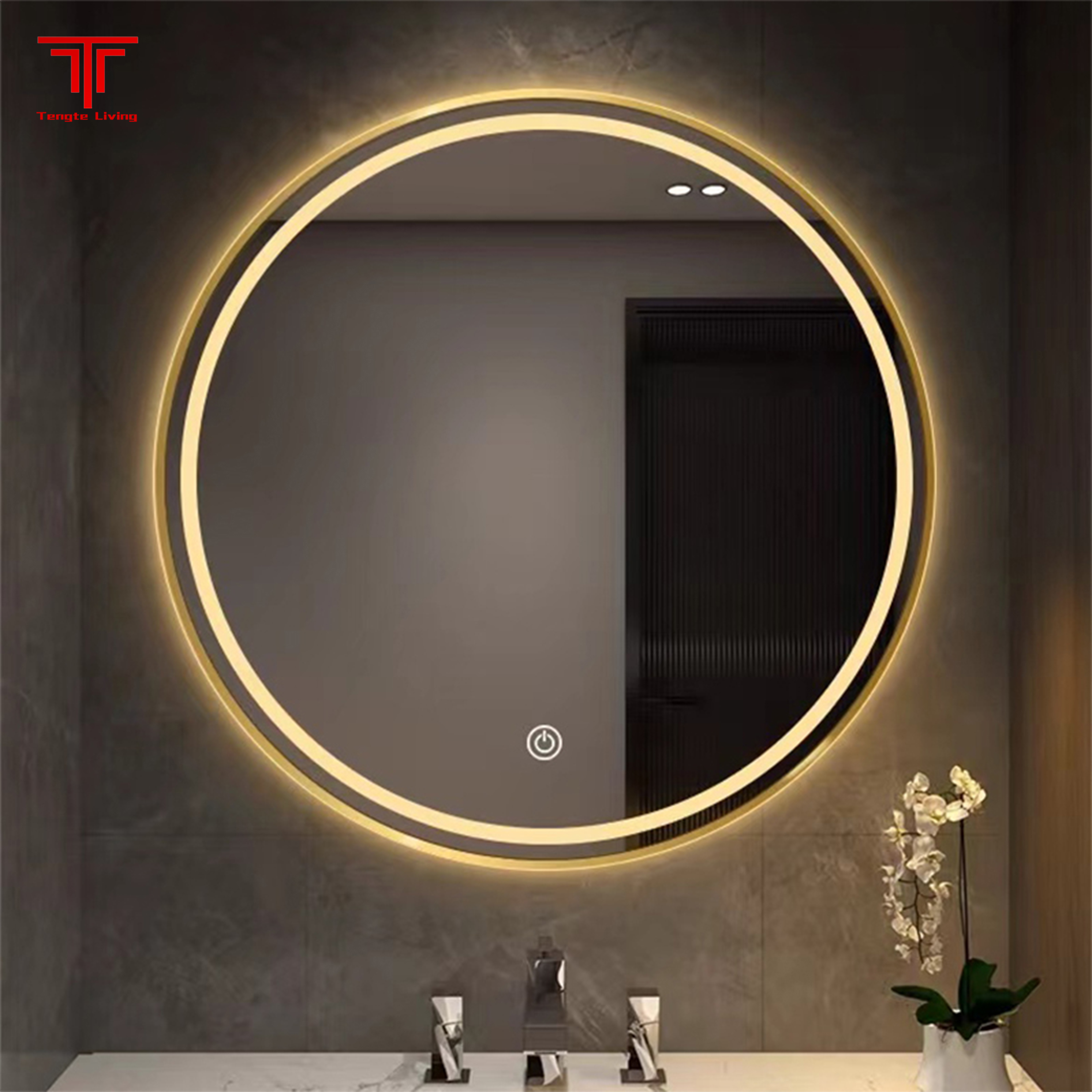 Over Black Round Lighted Bathroom Mirror