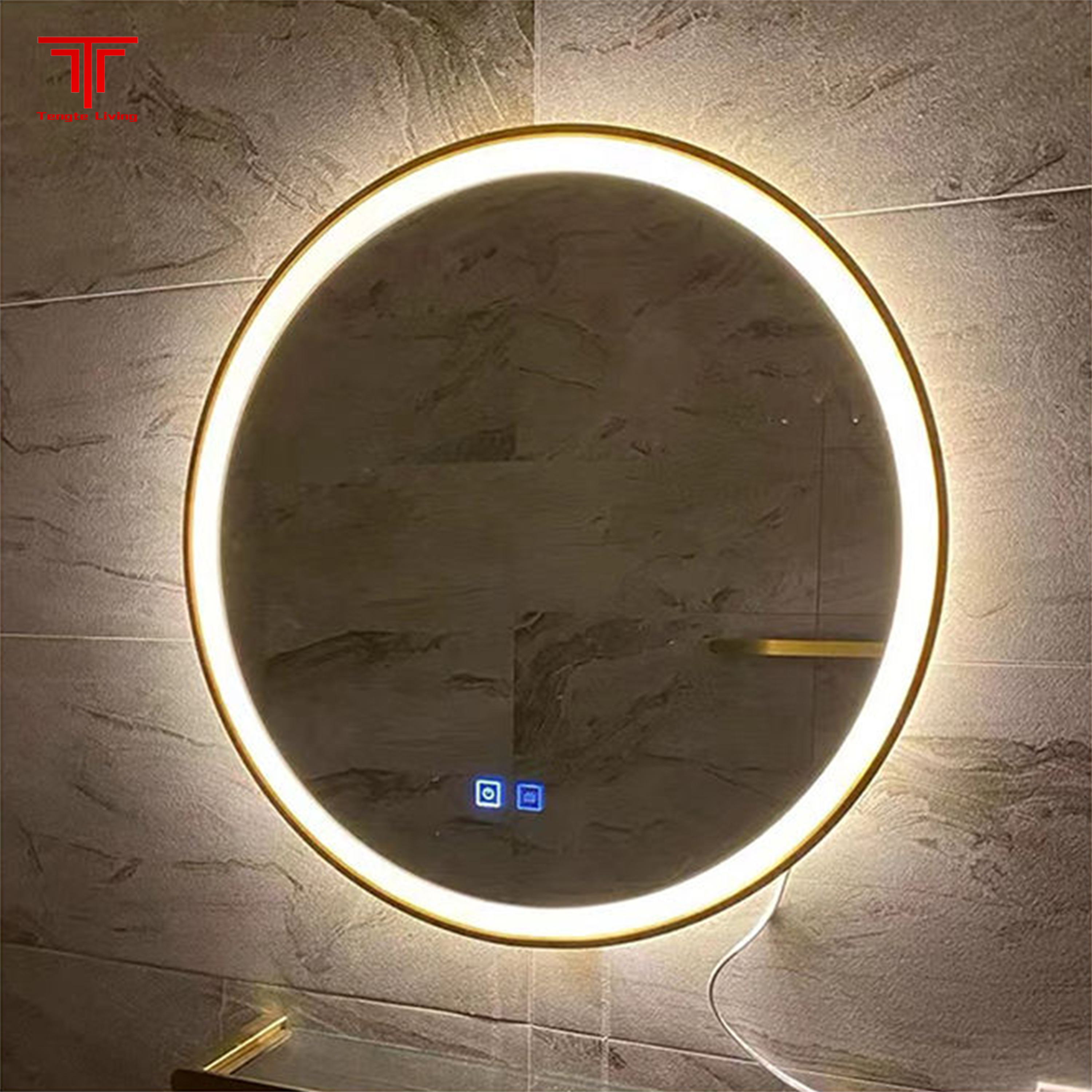 Over Black Round Lighted Bathroom Mirror