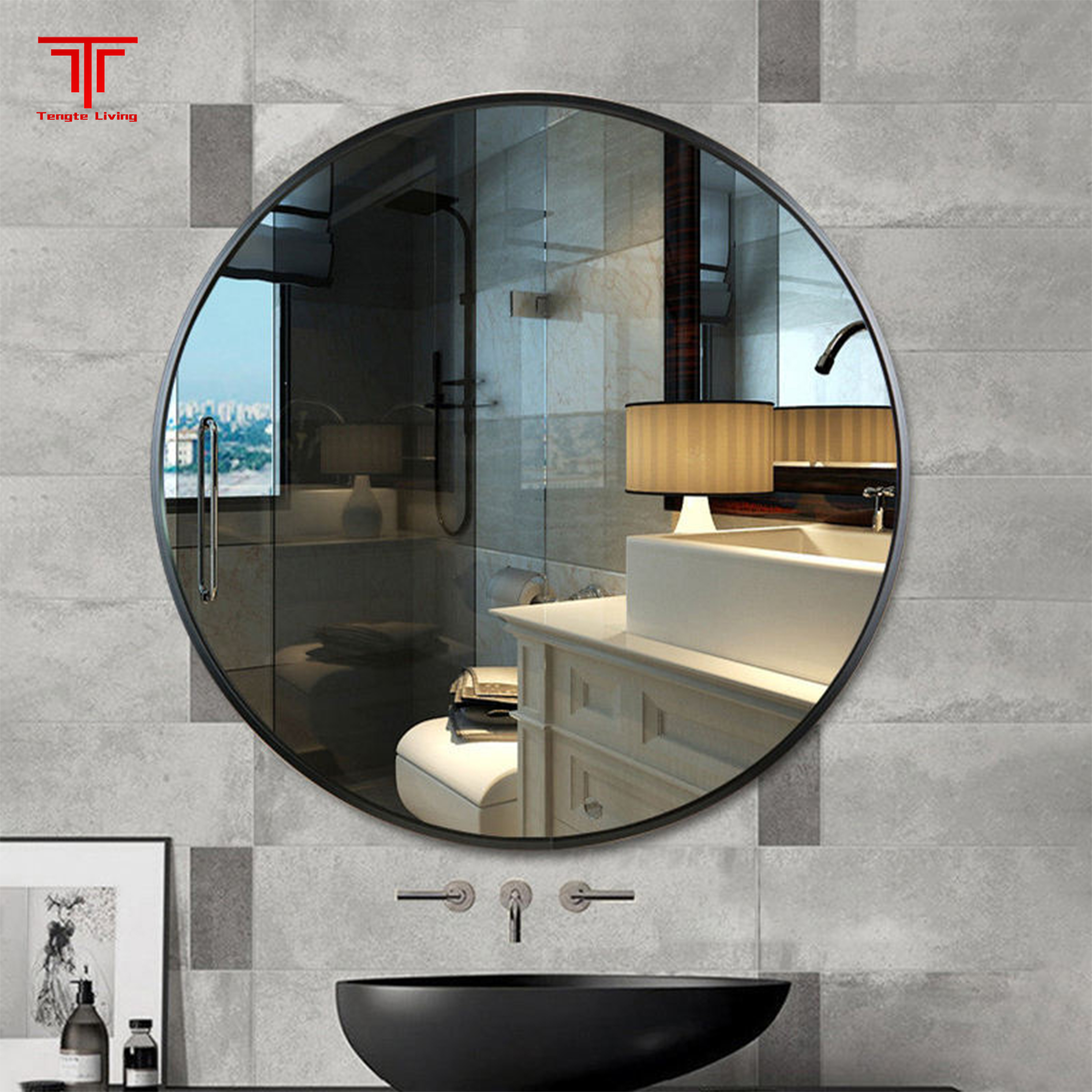 Large Round Black Frame Bathroom Mirror