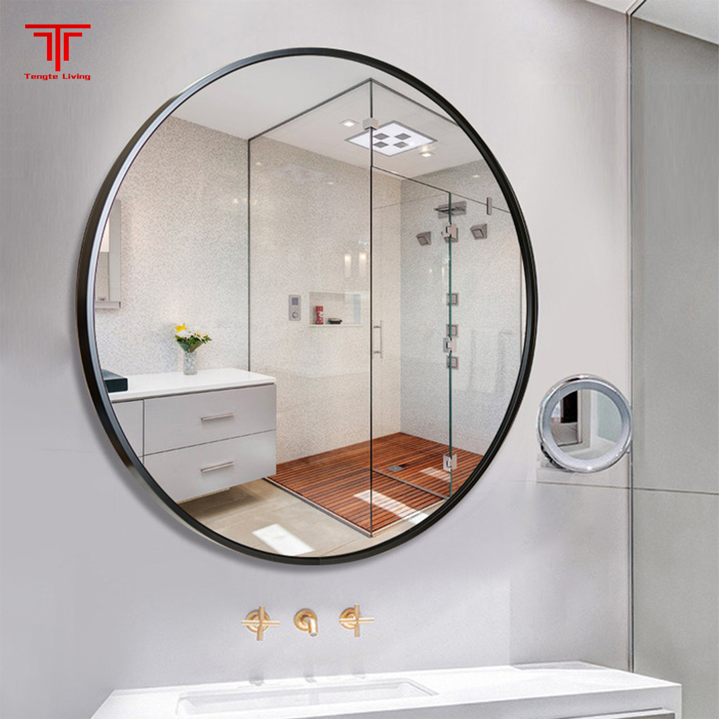 Large Round Black Frame Bathroom Mirror