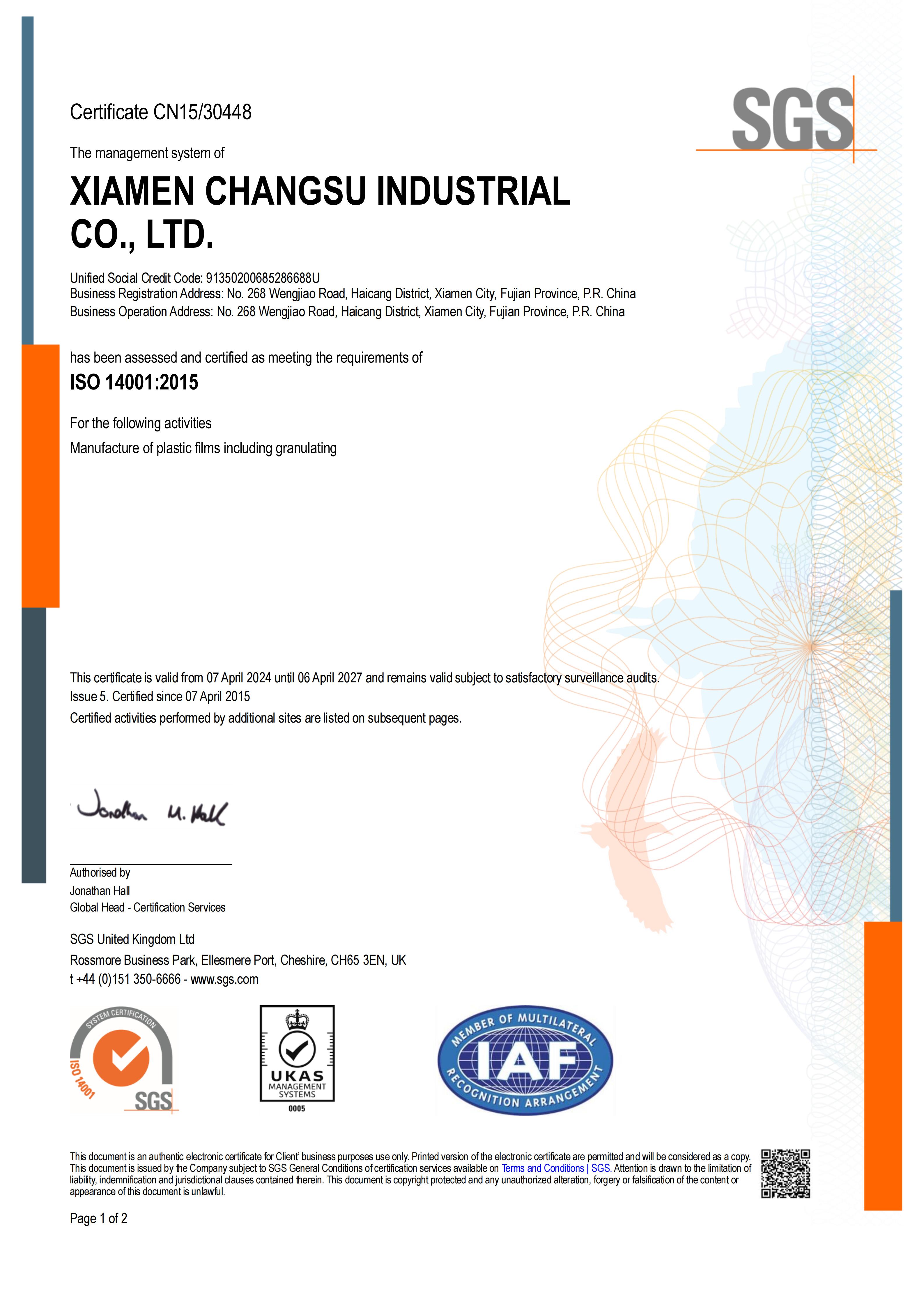 ISO 14001:2015 Certificate