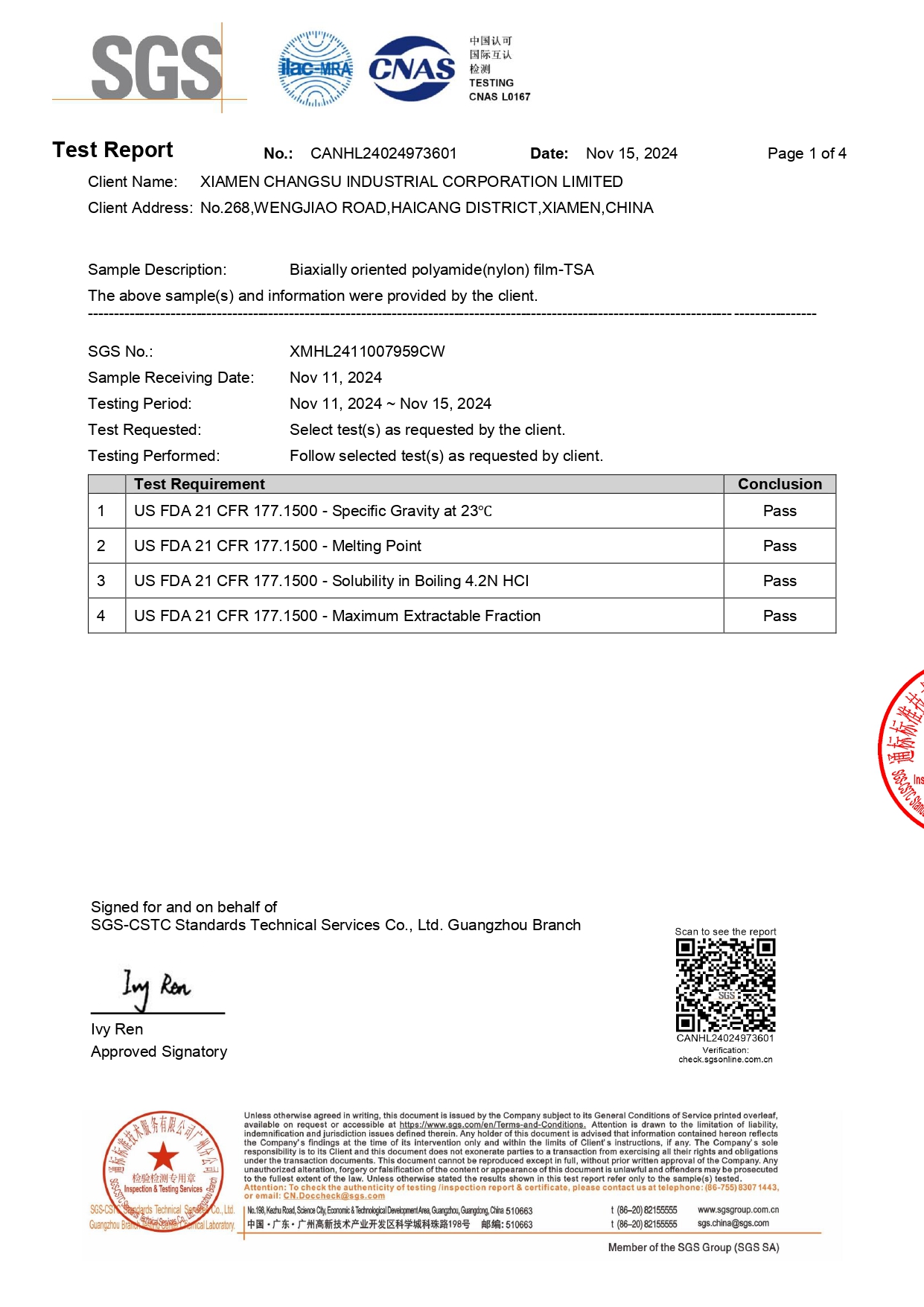 BOPA Film - TSA  FDA Compliance Test Report