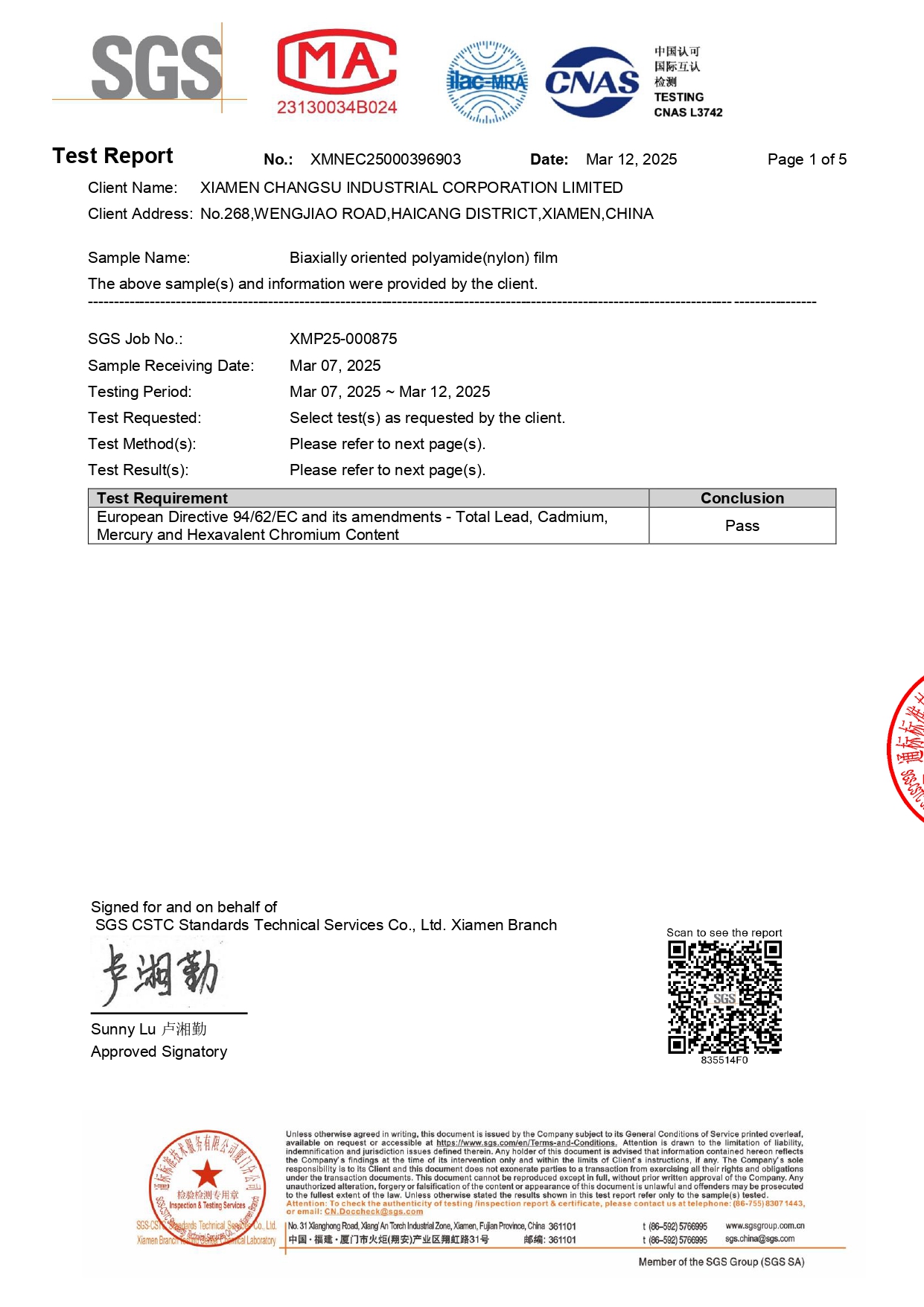 BOPA Film Packaging Directive Compliance Test Report (94/62/EC)