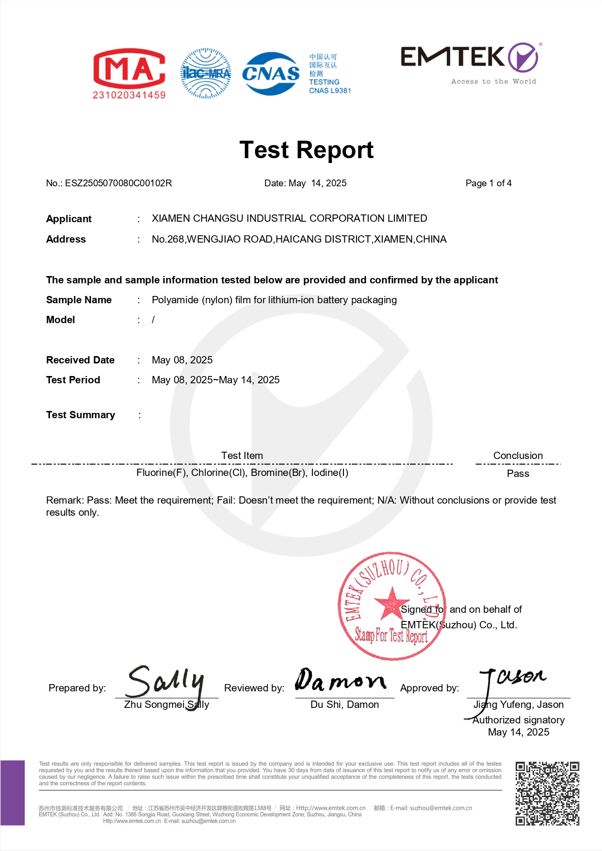 Polyamide (Nylon) Film for Lithium-Ion Battery Packaging Halogen Content Test Report