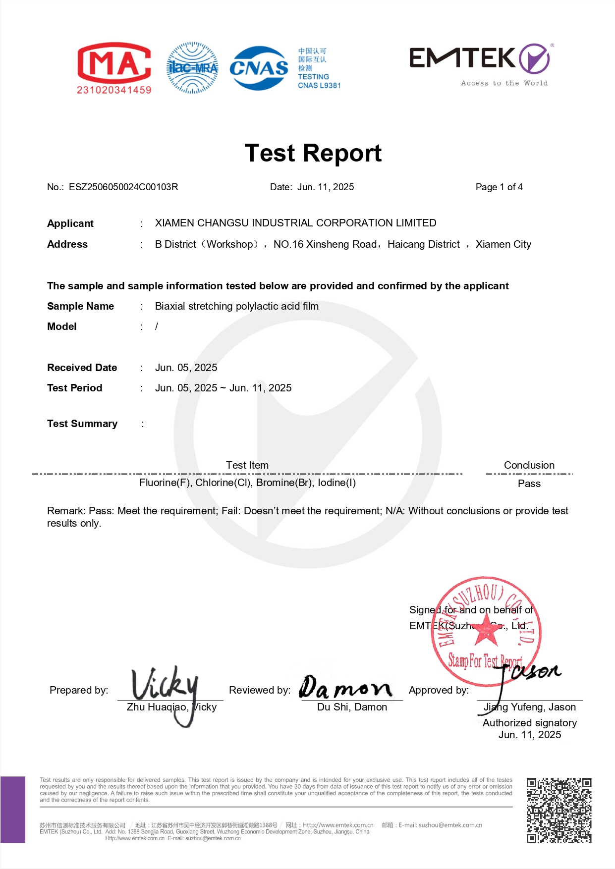 BOPLA Film Halogen Content Test Report