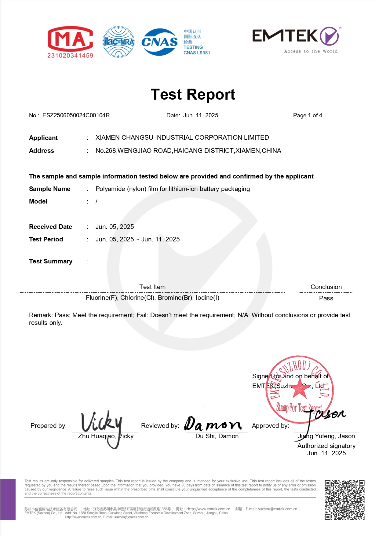 Nylon Film for Lithium-Ion Battery Packaging - sPHA Halogen Content Test Report