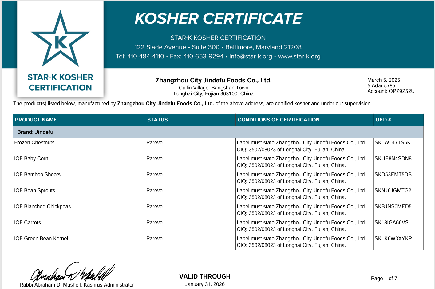 KOSHER CERTIFICATE