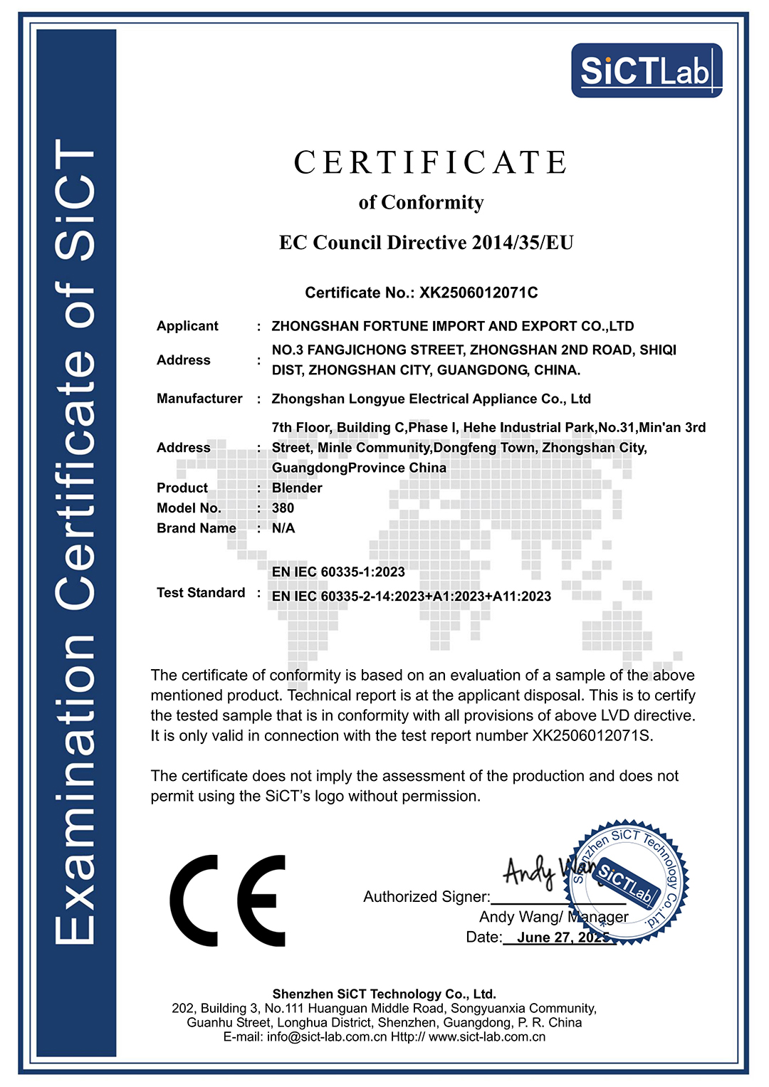 CERTIFICATE Of Conformity EC Council Directive 2014/35/EU