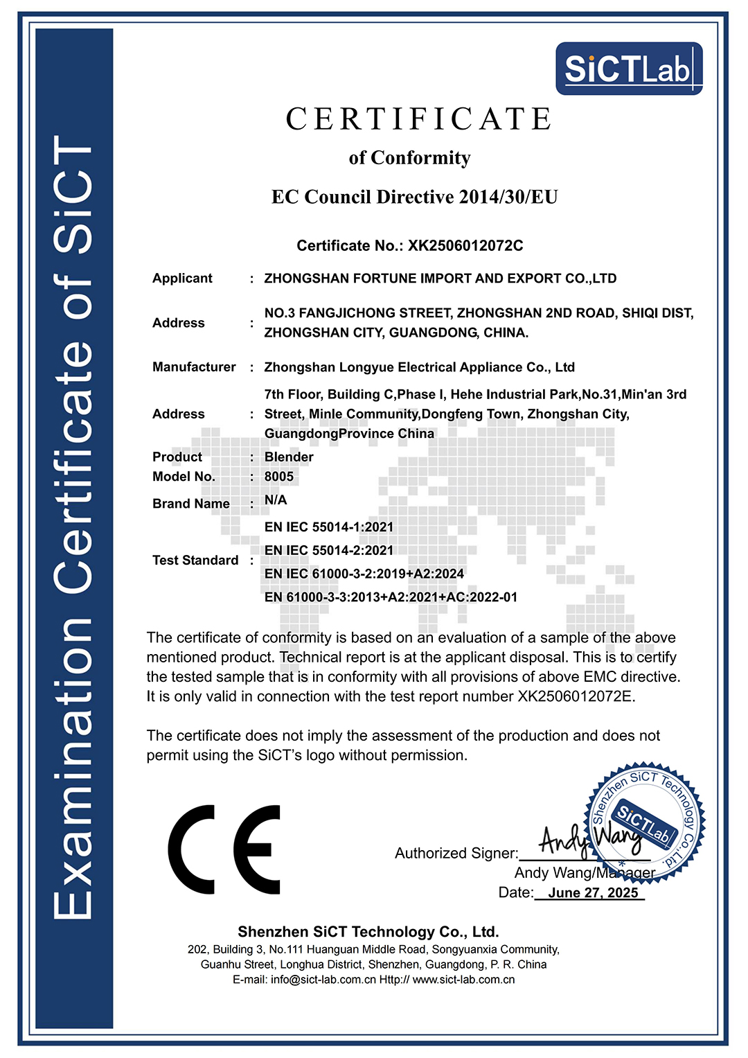 CERTIFICATE Of Conformity EC Council Directive 2014/30/EU