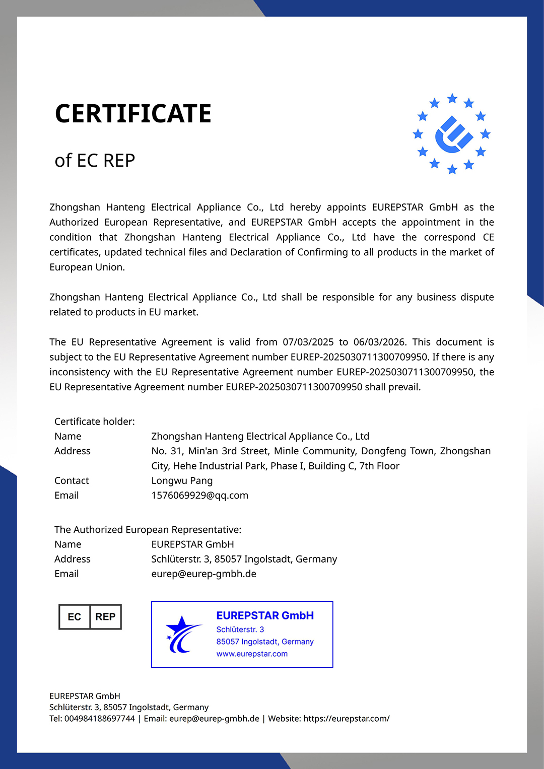 CERTIFICATE Of EC REP