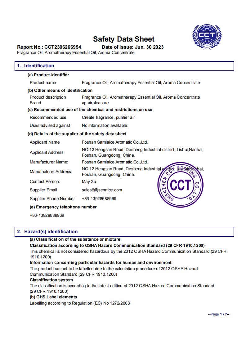 MSDS CCT2306266954 Foshan Samlaice fragrance oil SDS