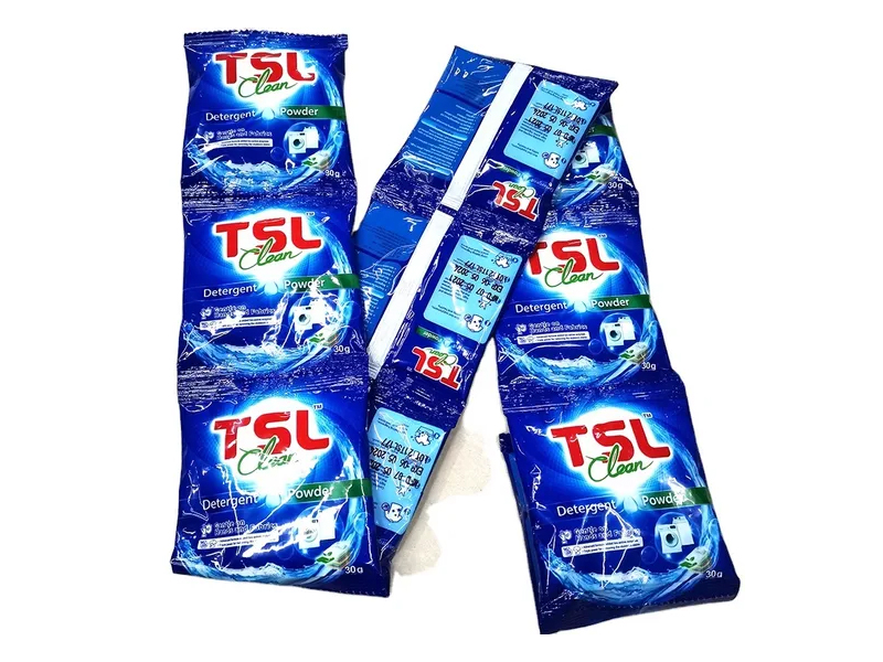 Small sachets package nonphosphate powder detergent