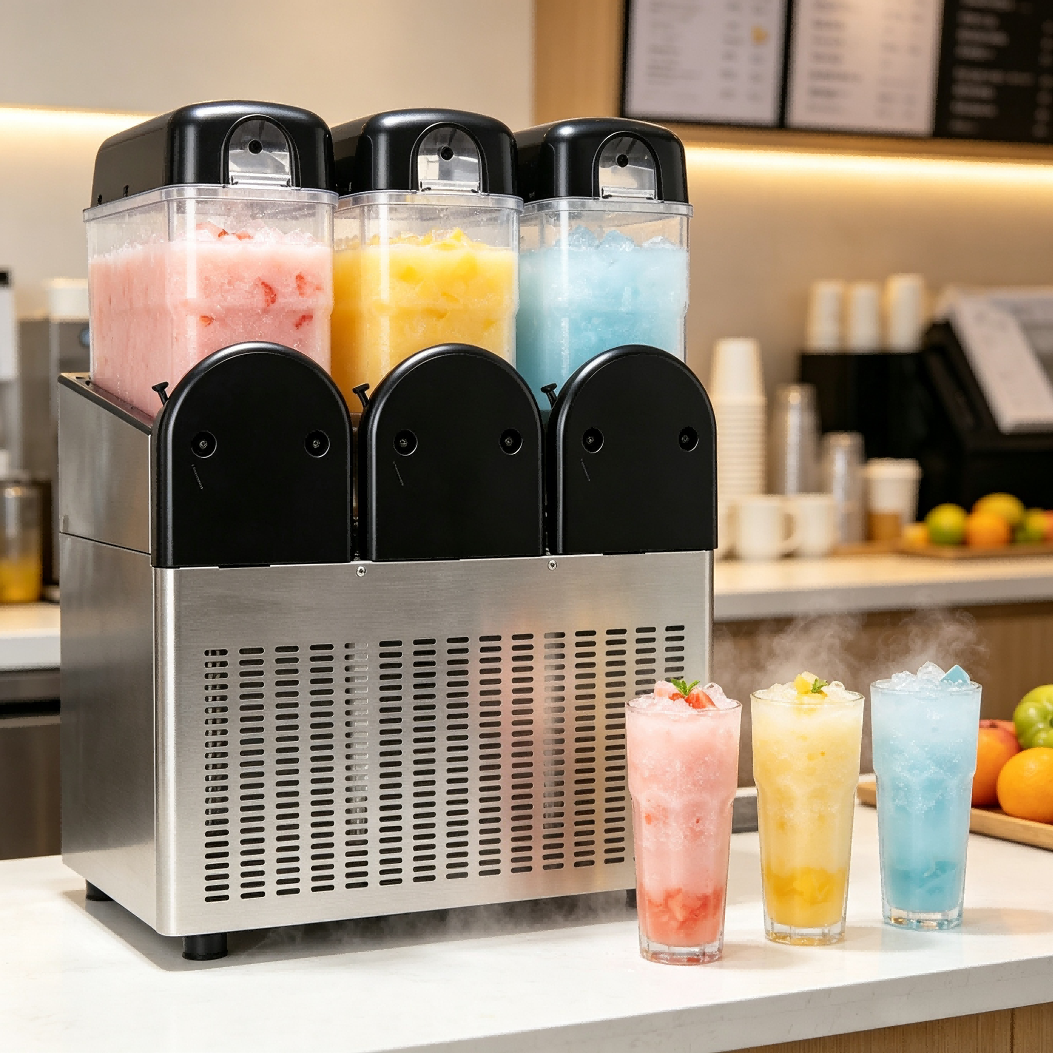 3 Flavor Commercial Triple Tank Slush Machine | Imported Food Safe Slushy Maker with Blending System