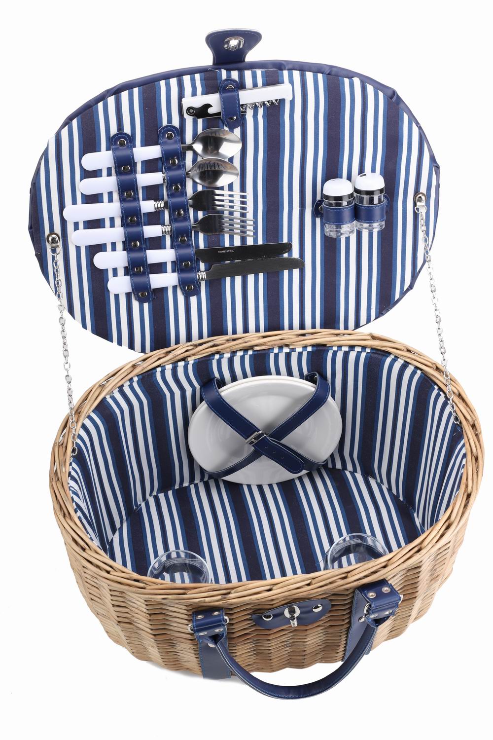 Oval 2 Person Picnic Basket Blue fabric lining full accessories