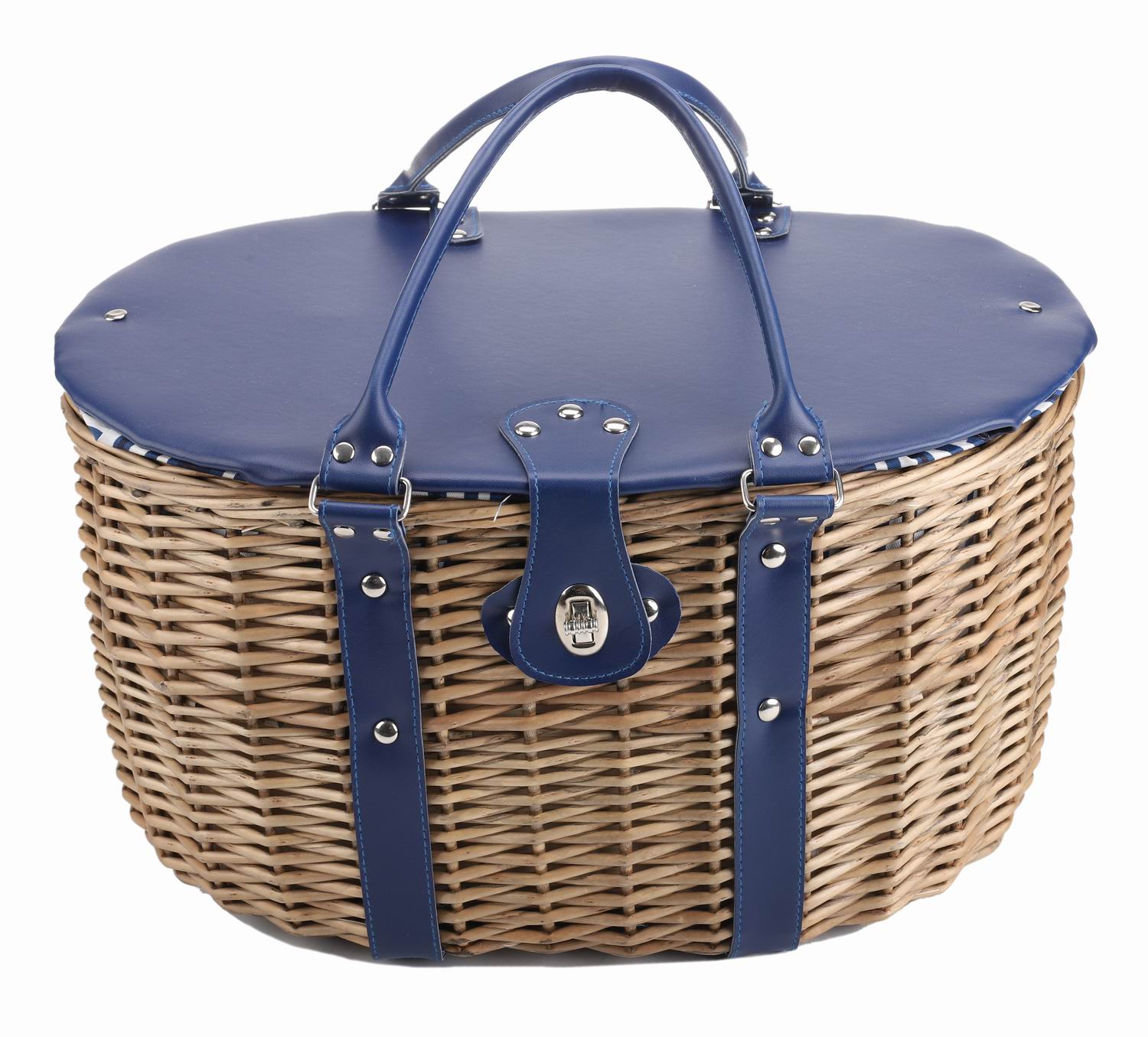 Oval 2 Person Picnic Basket Blue fabric lining full accessories
