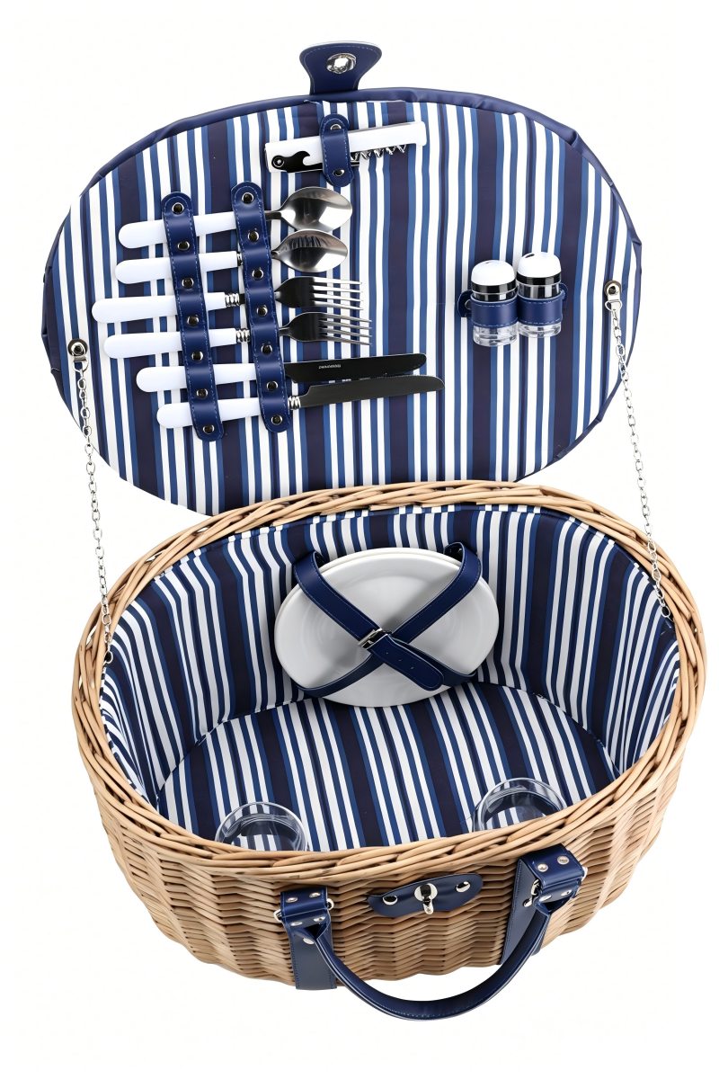 Cesta de picnic ovalada para 2 personas, forro de tela azul, accesorios completos.