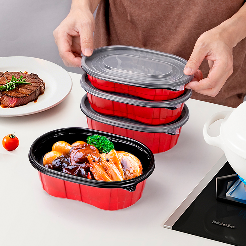 Disposable Black and Red Oval shaped meal box