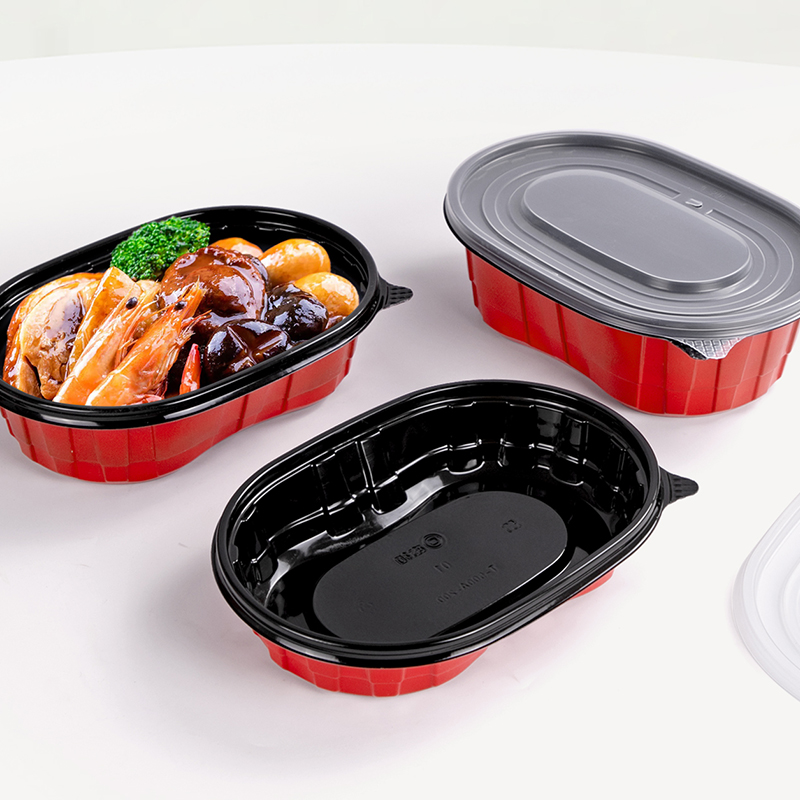 Disposable Black and Red Oval shaped meal box