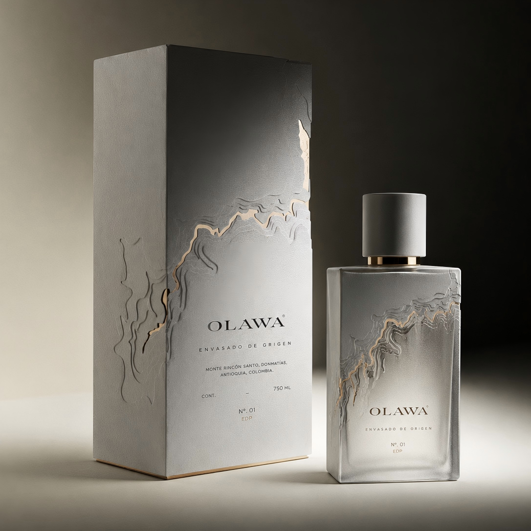 Caixa de perfume de luxo com contornos em relevo e frasco correspondente.