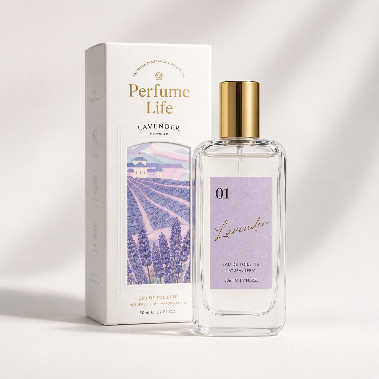 Custom Lavender Perfume Packaging Box With Clear Glass Bottle