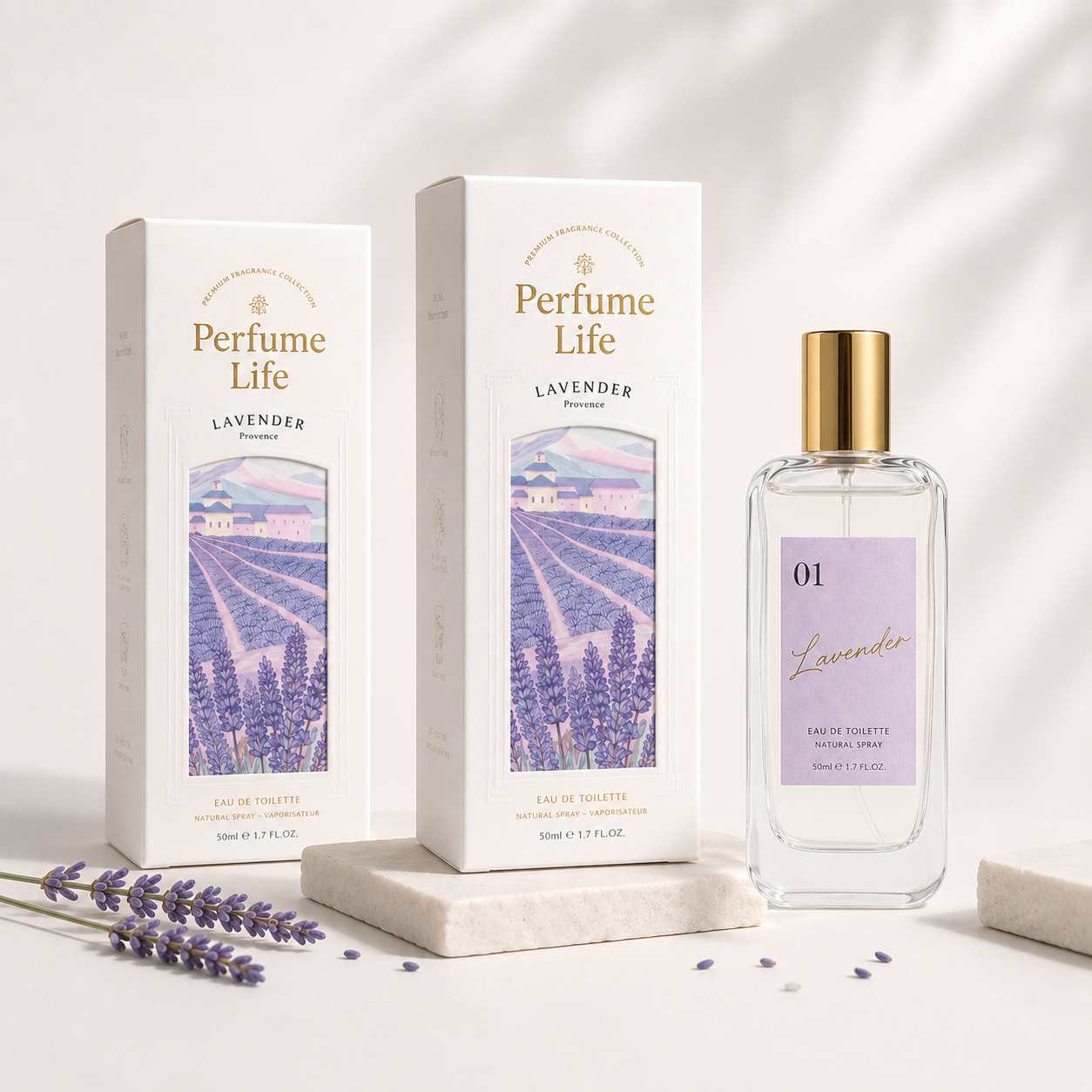Caixa personalizada para perfume de lavanda com frasco de vidro transparente.