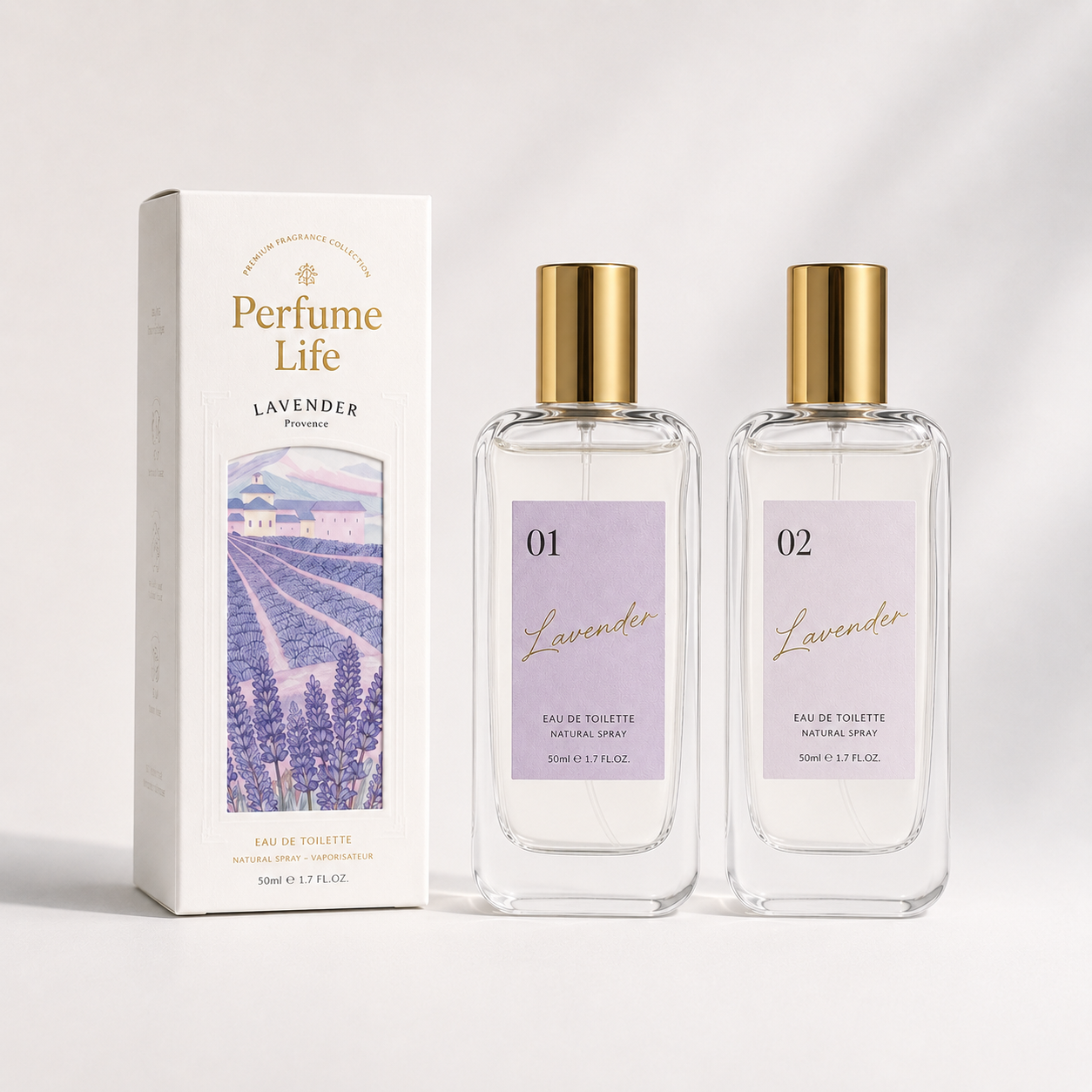 Caixa personalizada para perfume de lavanda com frasco de vidro transparente.