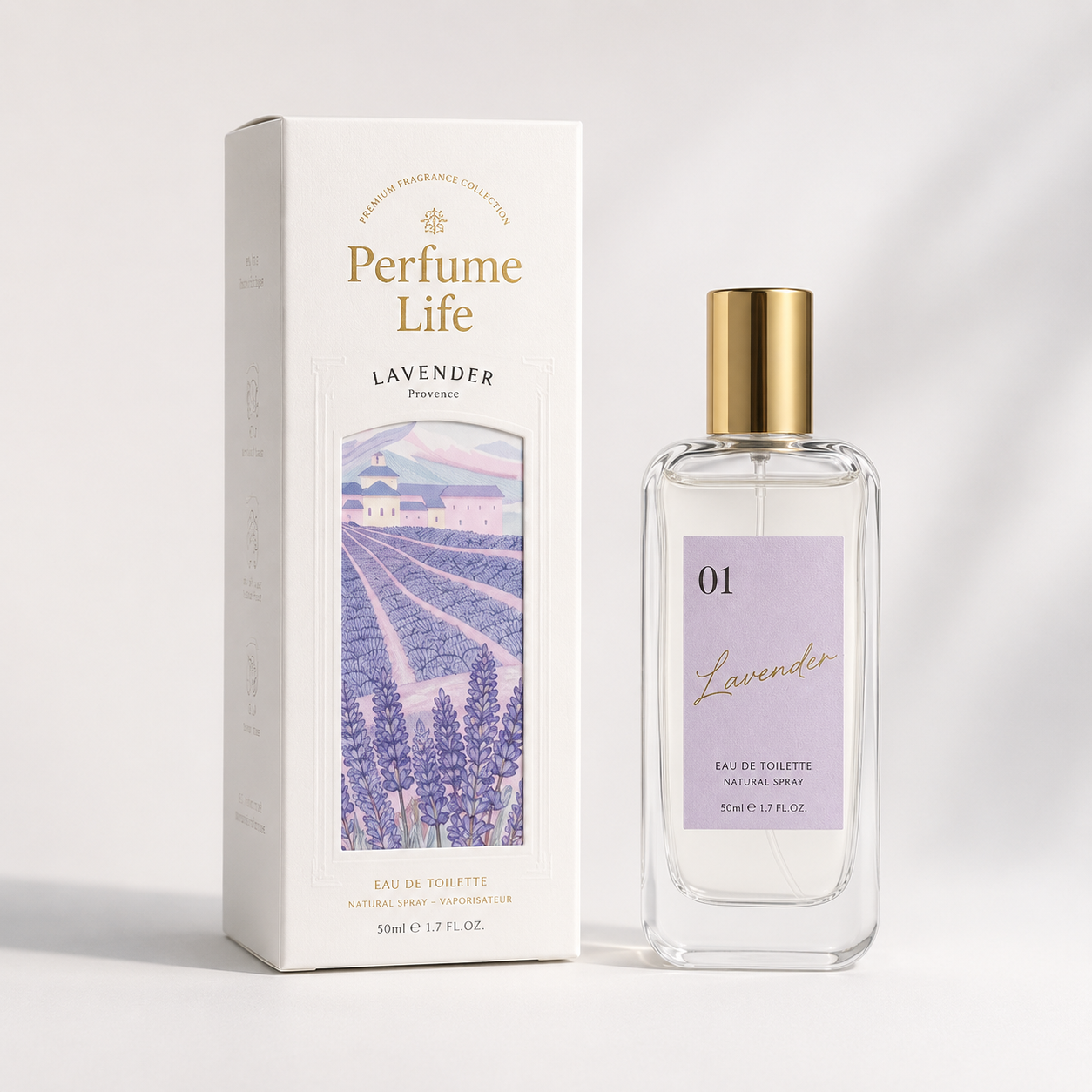 Caixa personalizada para perfume de lavanda com frasco de vidro transparente.