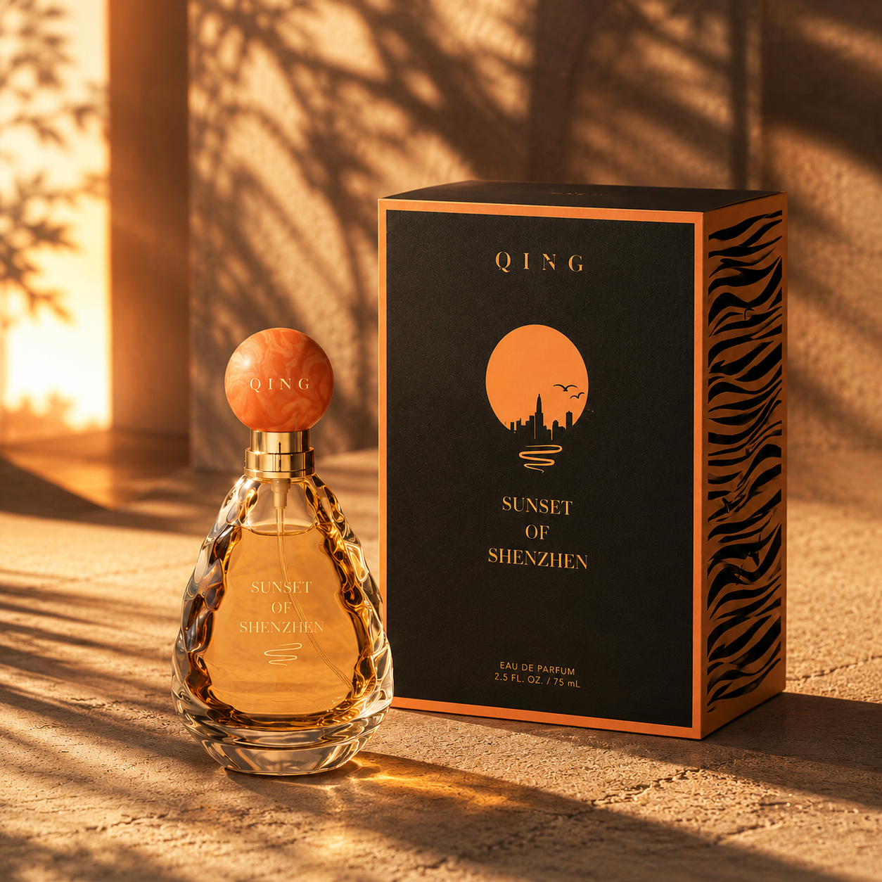 Embalagem de perfume de luxo Sunset com frasco de vidro âmbar