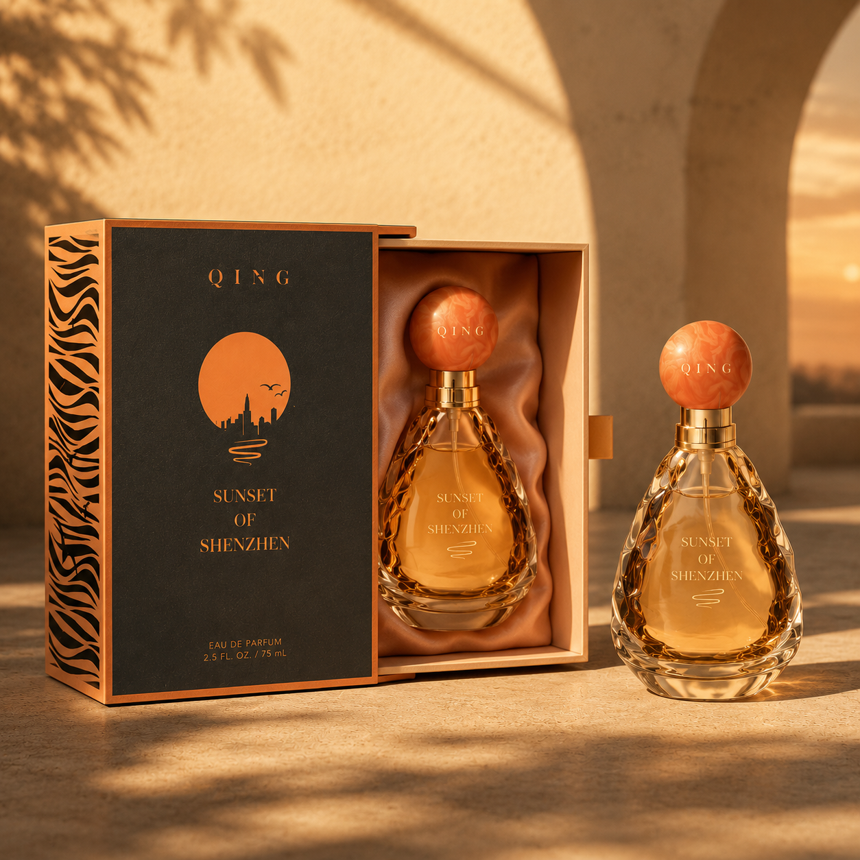 Embalagem de perfume de luxo Sunset com frasco de vidro âmbar