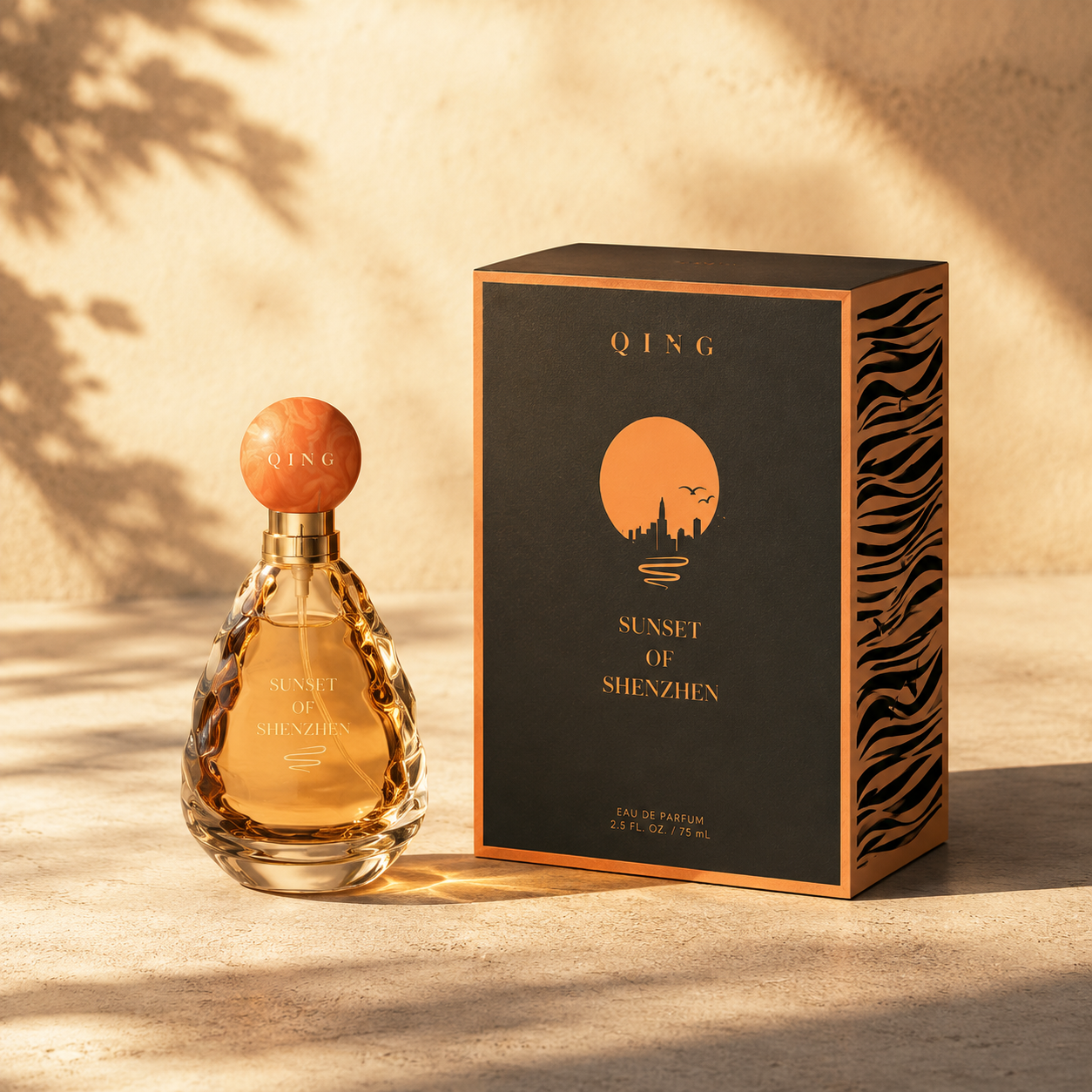 Embalagem de perfume de luxo Sunset com frasco de vidro âmbar
