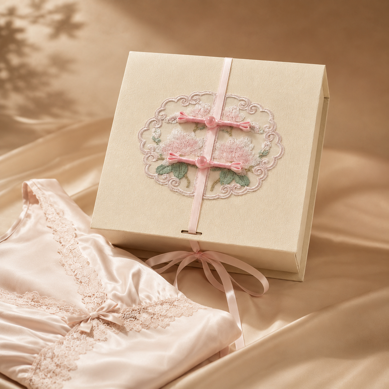 Caixa de presente personalizada para pijama de seda com fecho floral bordado.