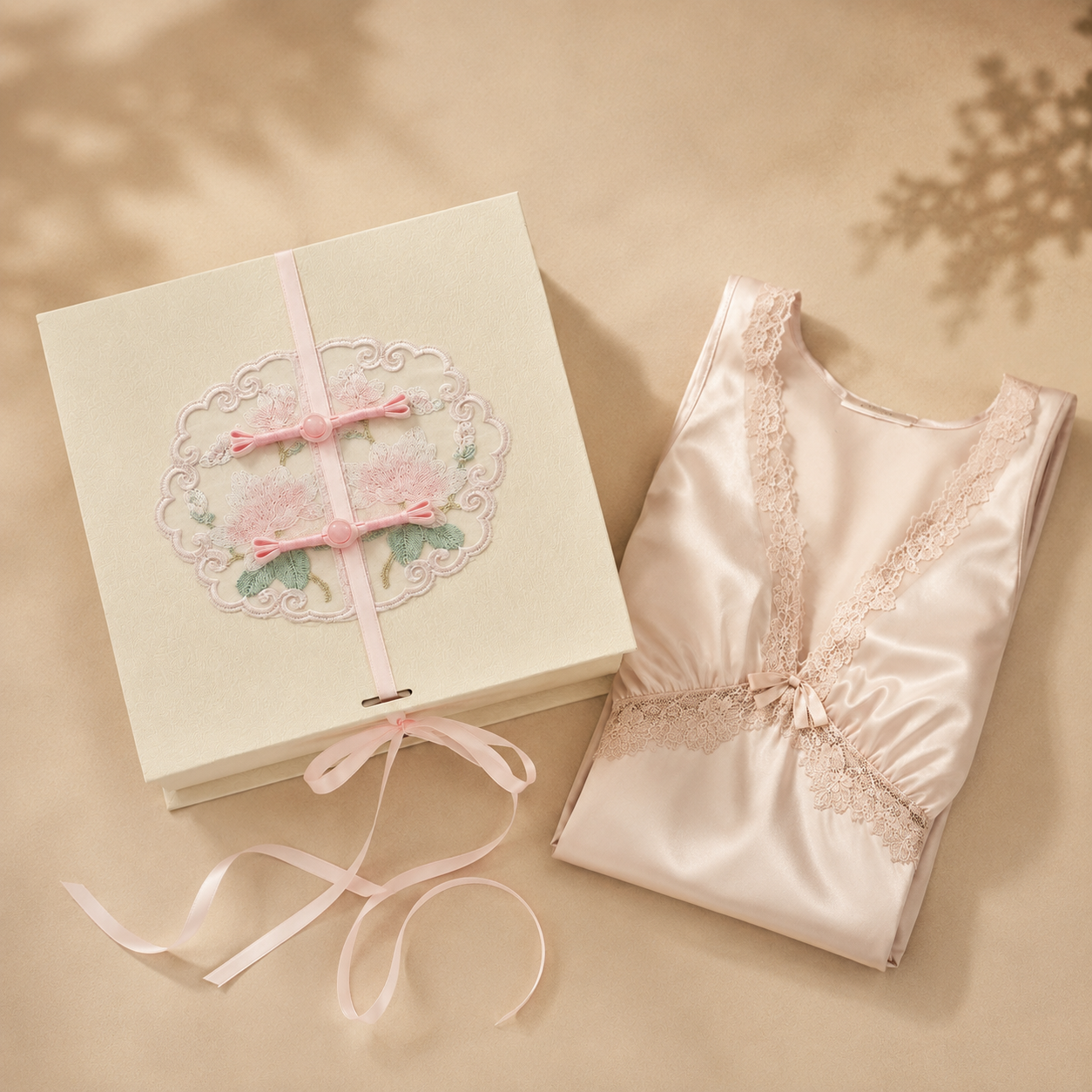 Caixa de presente personalizada para pijama de seda com fecho floral bordado.