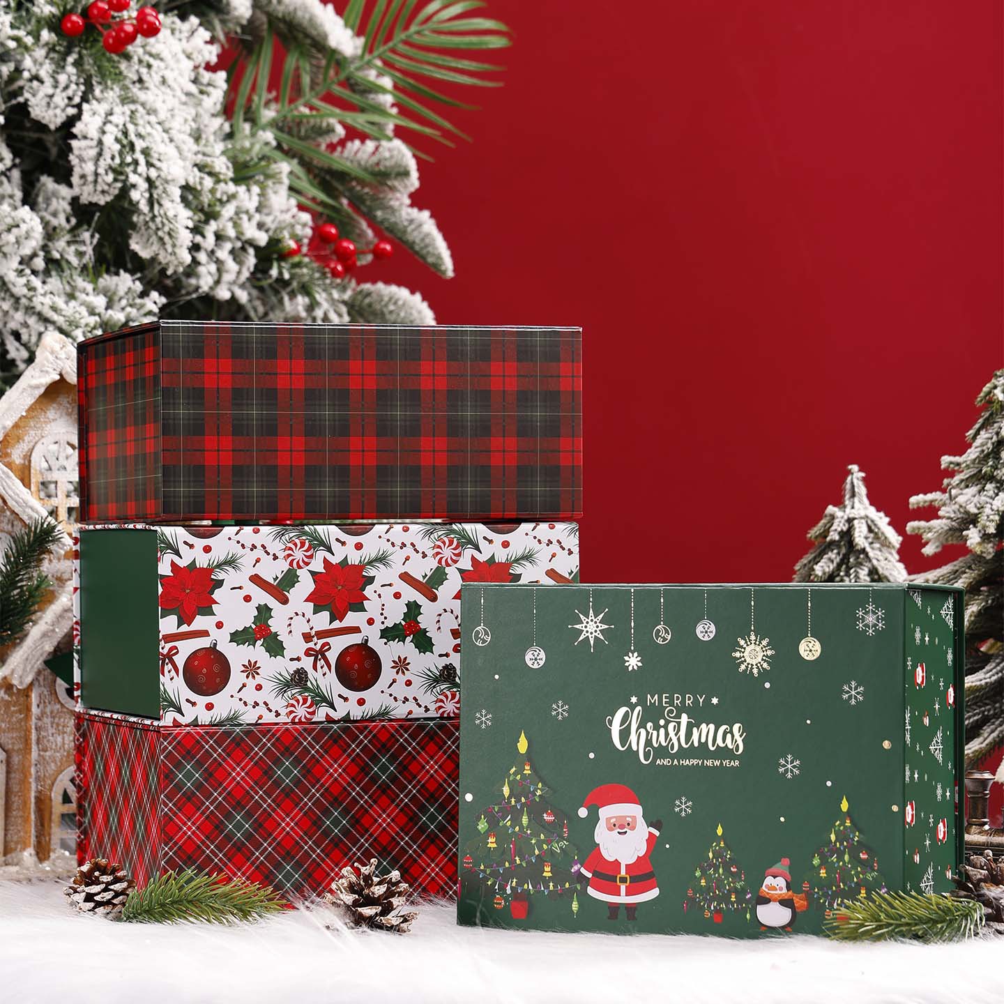 Scatola regalo natalizia pieghevole personalizzata con design festivo stampato