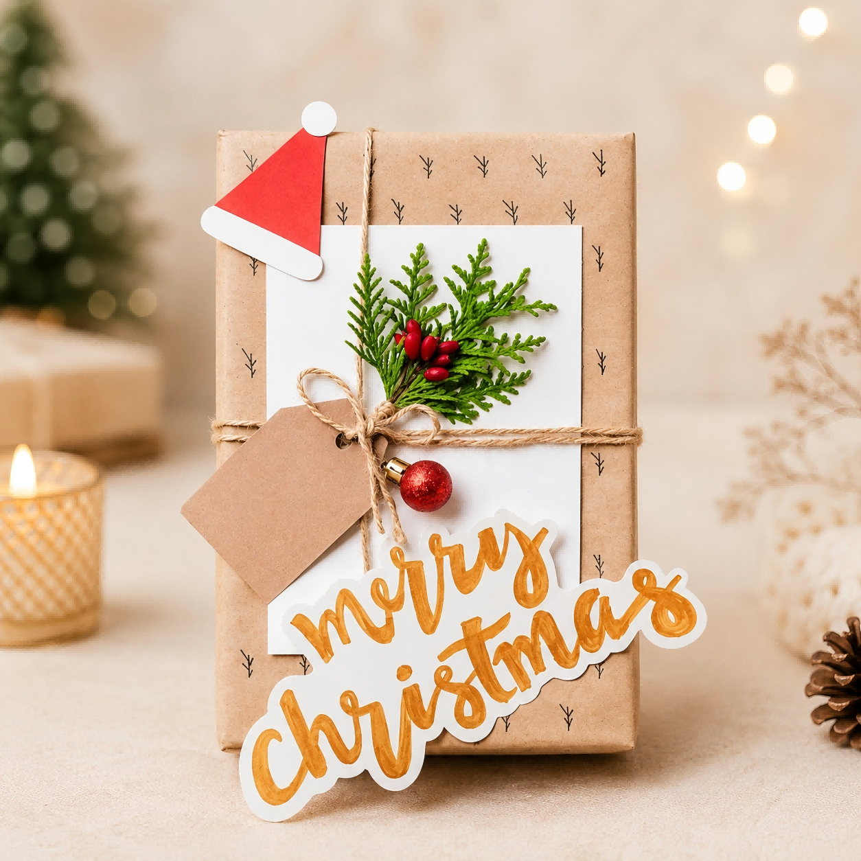 Scatola regalo natalizia personalizzata in carta kraft con spago e biglietto d'auguri.