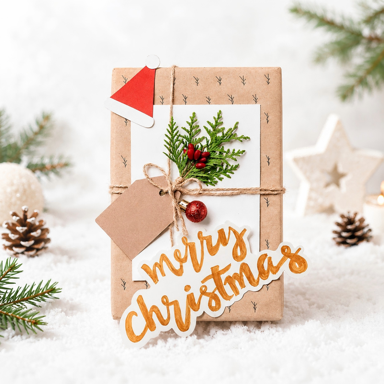 Scatola regalo natalizia personalizzata in carta kraft con spago e biglietto d'auguri.