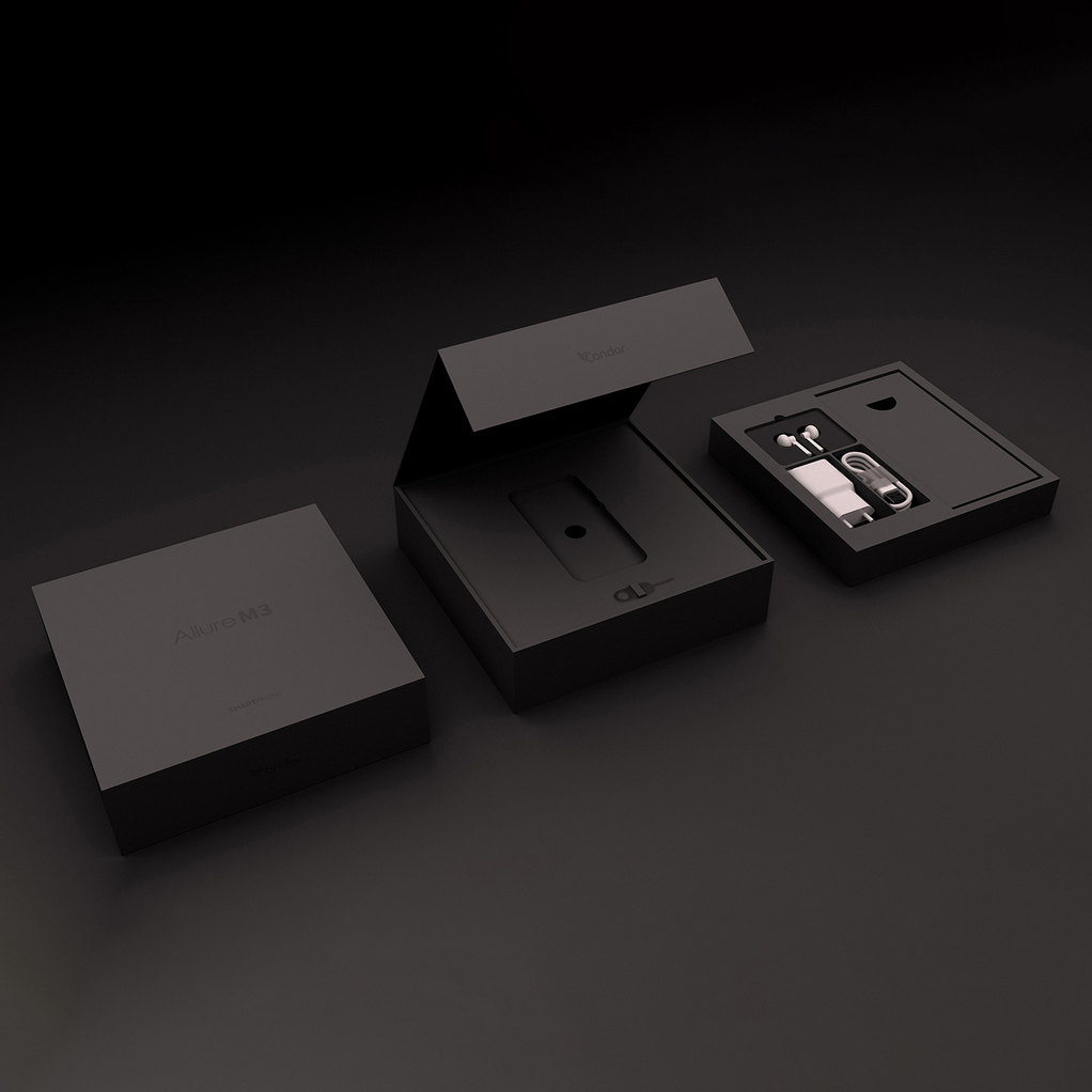 Elegante confezione per smartphone con vassoio porta accessori.