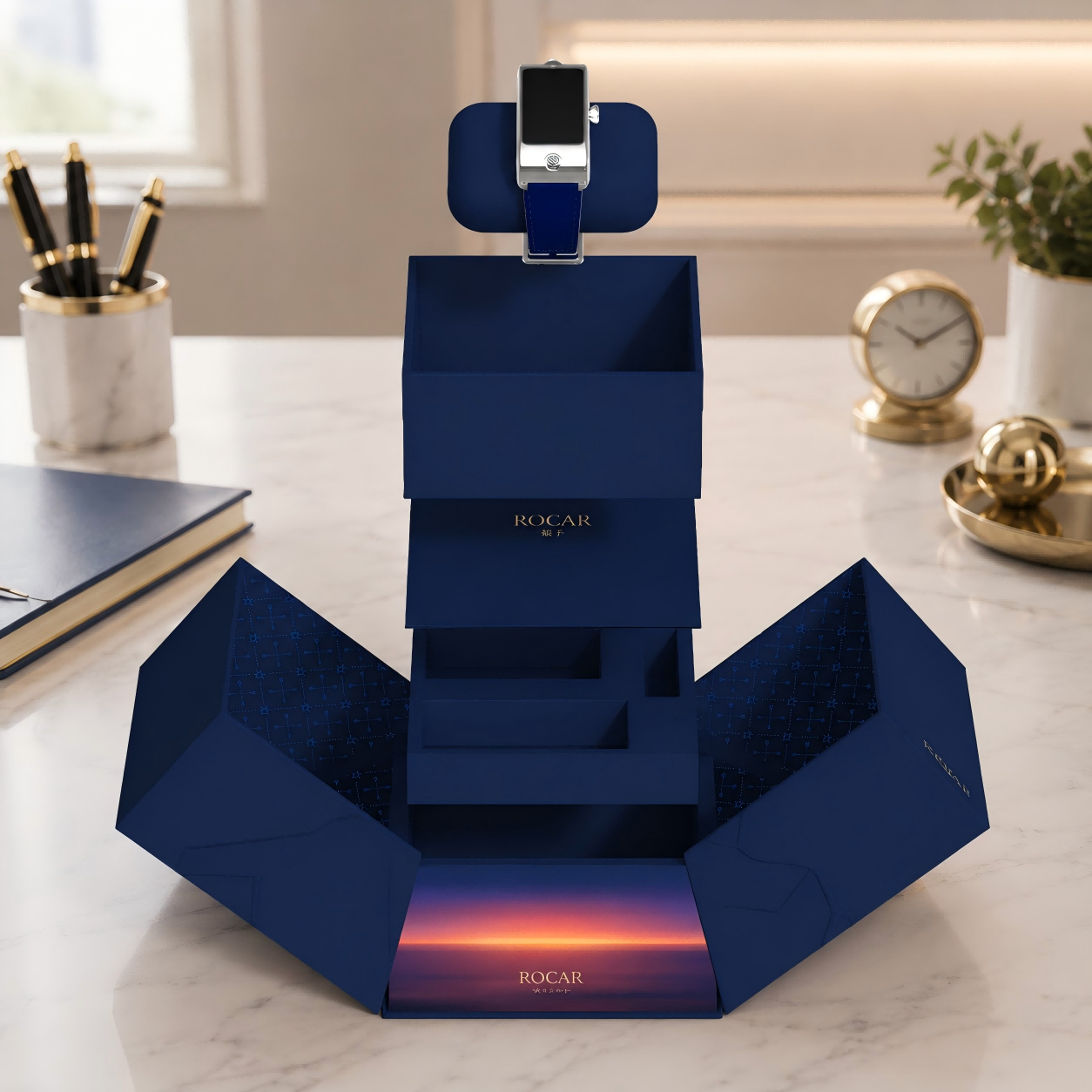 Elegante confezione regalo per smartwatch con struttura espositiva multistrato.