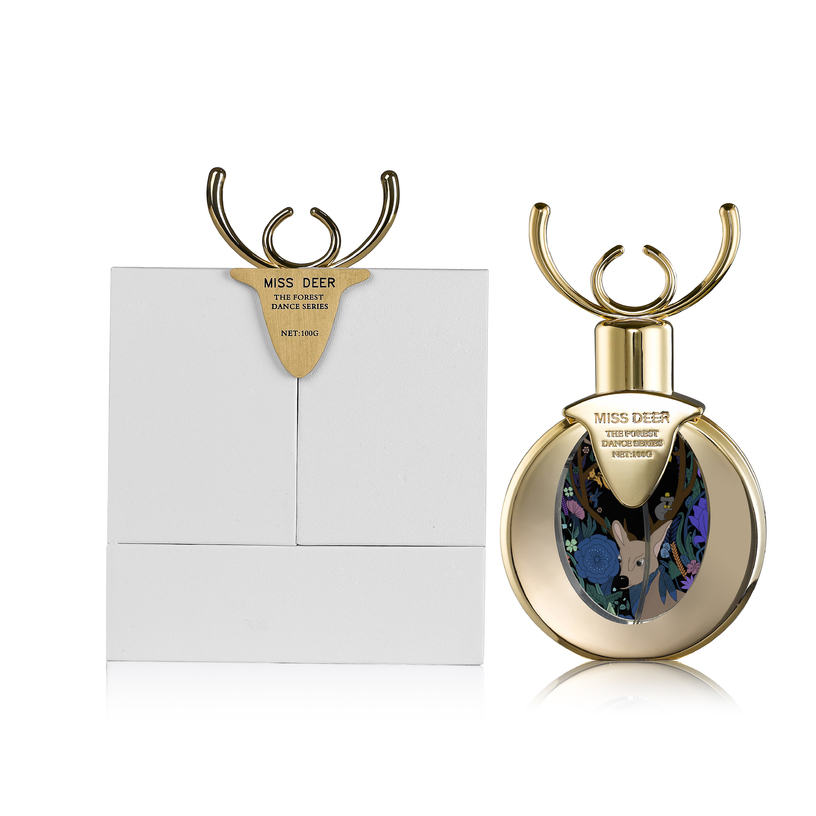 Caja de embalaje de perfume personalizada con cuerno de ciervo y estructura de presentación de lujo.