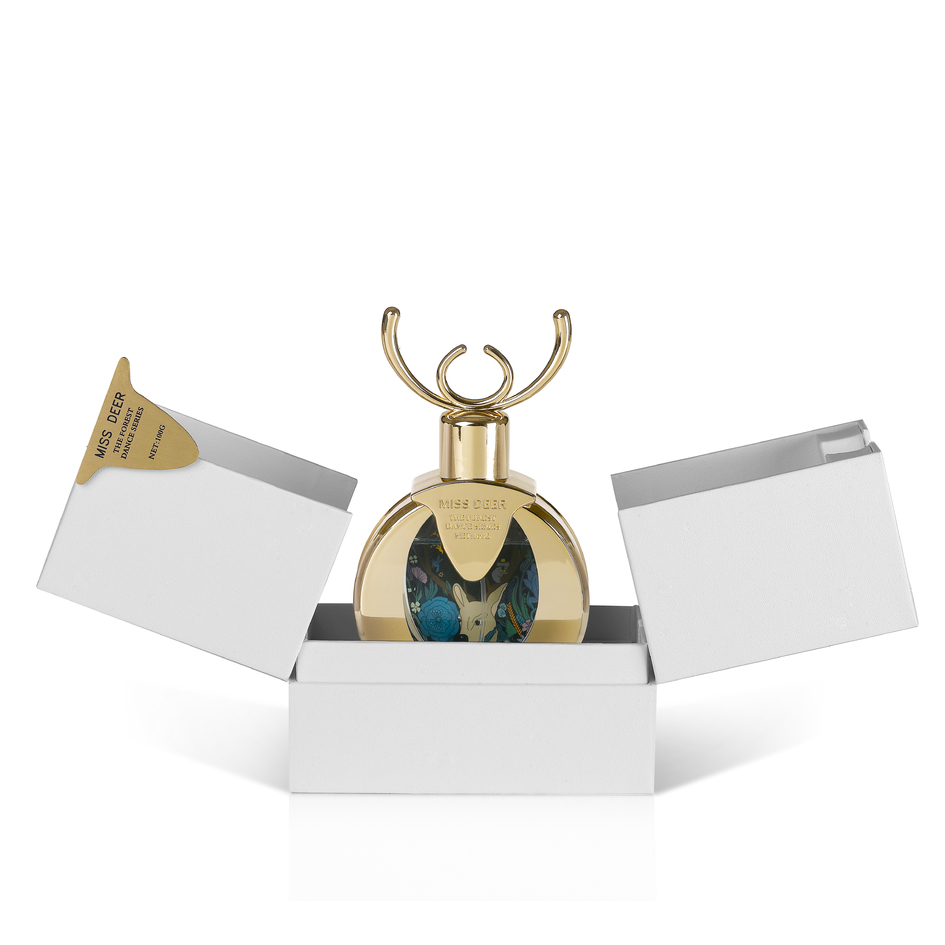 Caja de embalaje de perfume personalizada con cuerno de ciervo y estructura de presentación de lujo.
