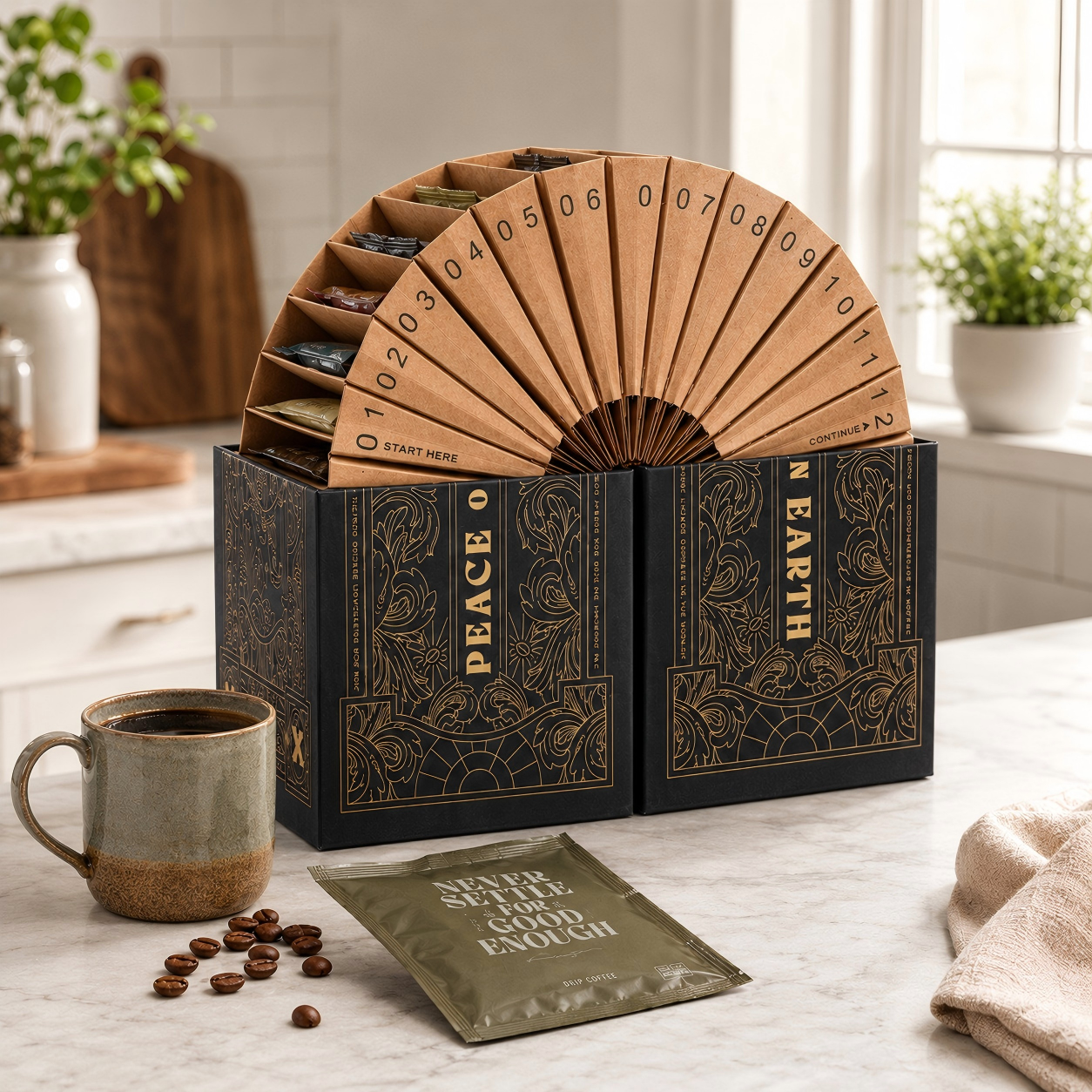 Scatola regalo personalizzata per il calendario dell'Avvento del caffè con scomparti a forma di ventaglio.