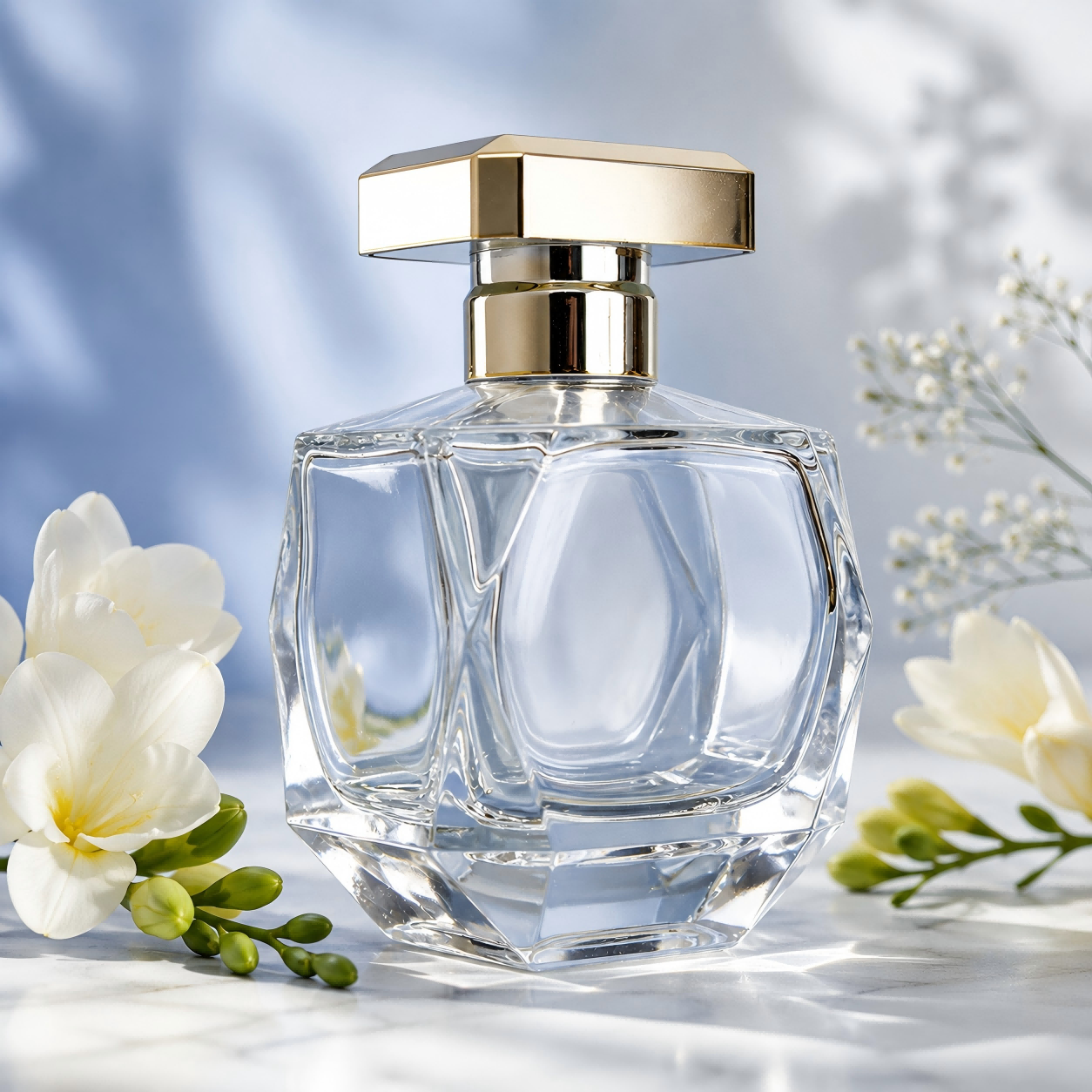 Frasco de perfume em vidro transparente prismático
