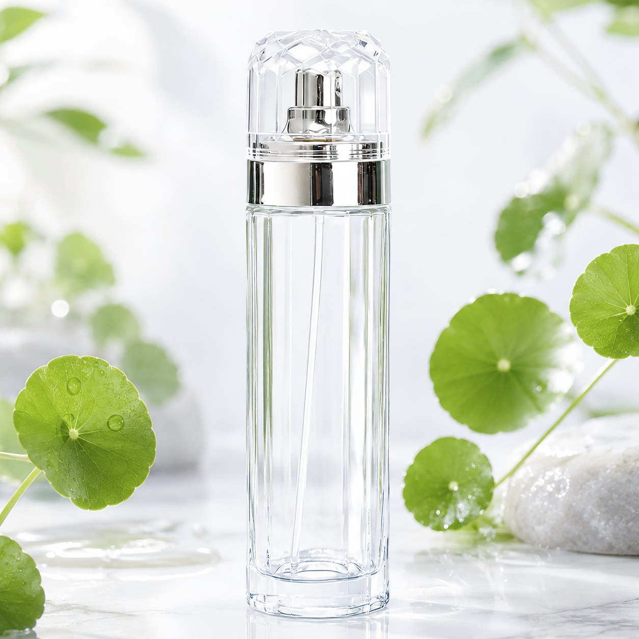 Faceted Cylindrical Glass Cosmetic Bottle